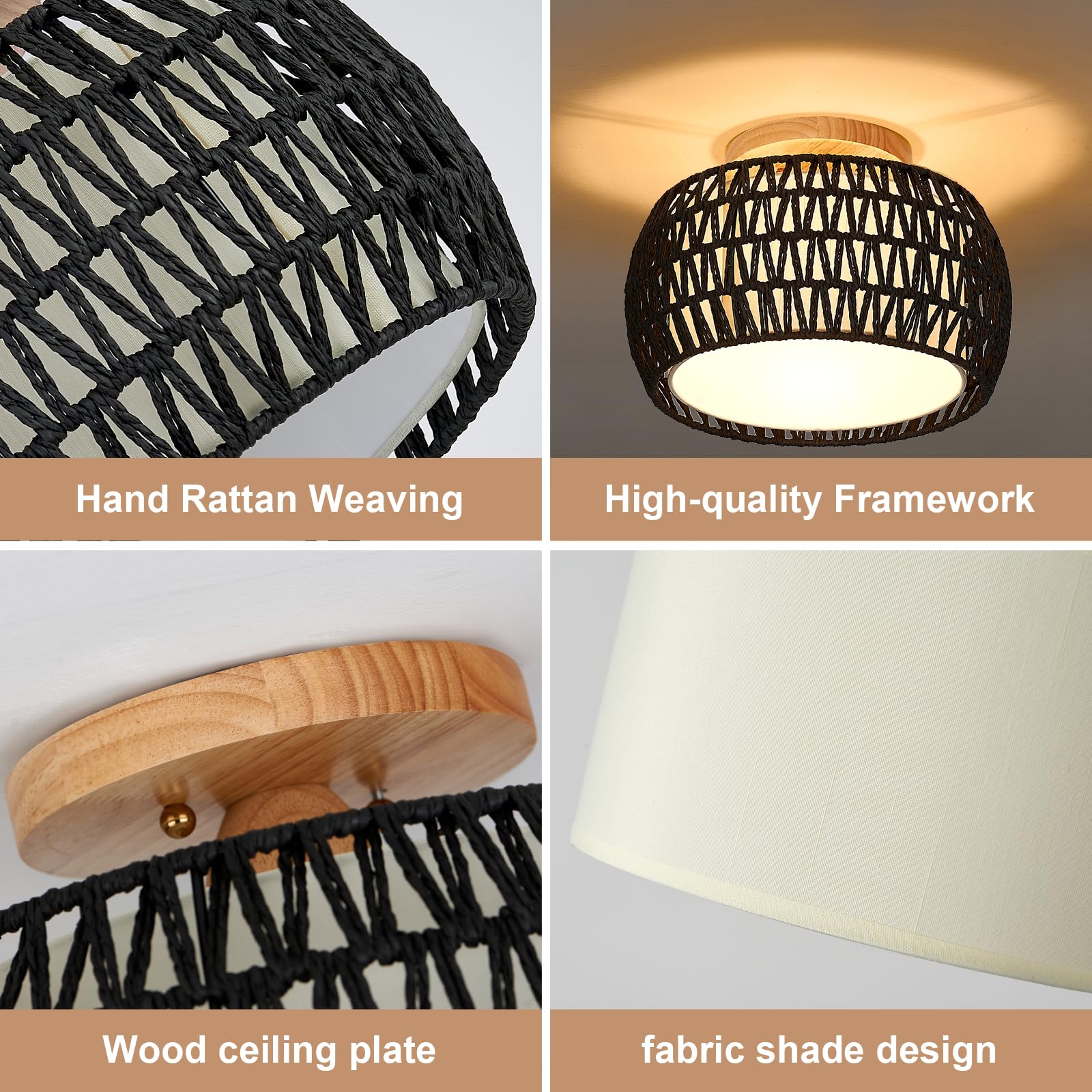 Alaislyc 2 Packs Boho Rattan Flush Mount Ceiling Lights 12 Inch Farmhouse Ceiling Light Fixtures Rustic Wicker Hand Woven Rope C
