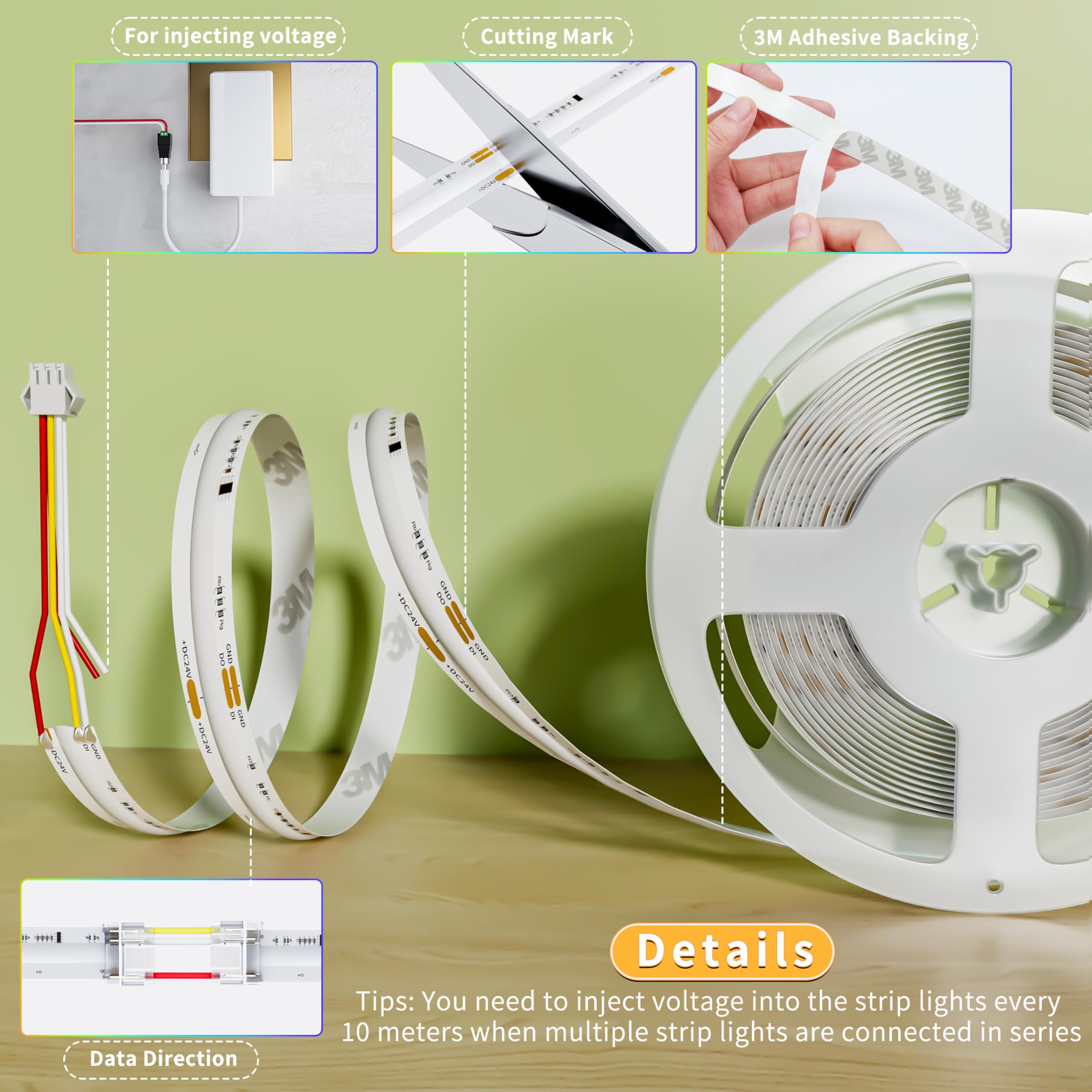 Pautix 32.8Ft Rgb Smart Ic Cob Led Strip Light, Ul-Listed 24V Addressable Flexible Tape Light