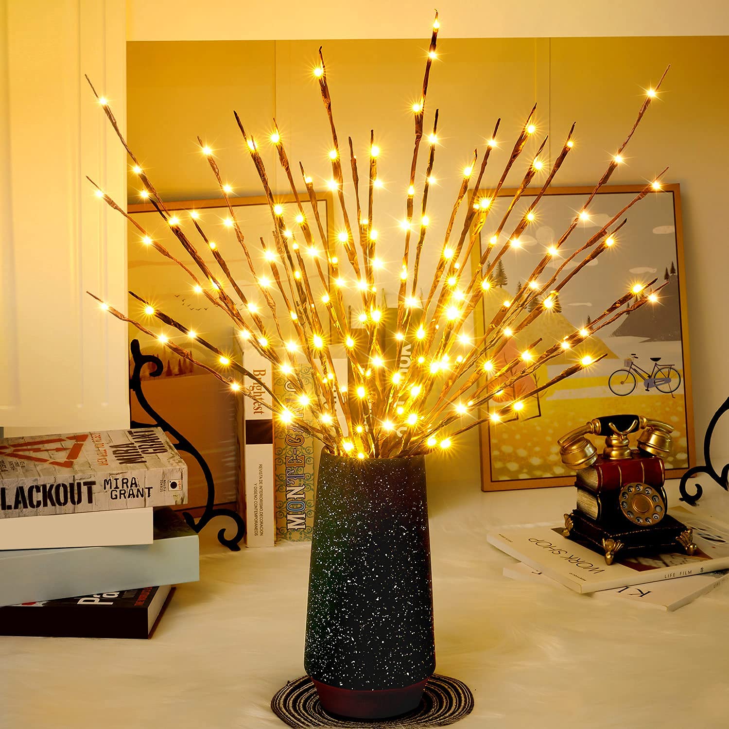 CLESDF Lights Twig - 60 LED Waterproof Branch Lights, Battery Operated, Warm Yellow, 3 Pack, Metal
