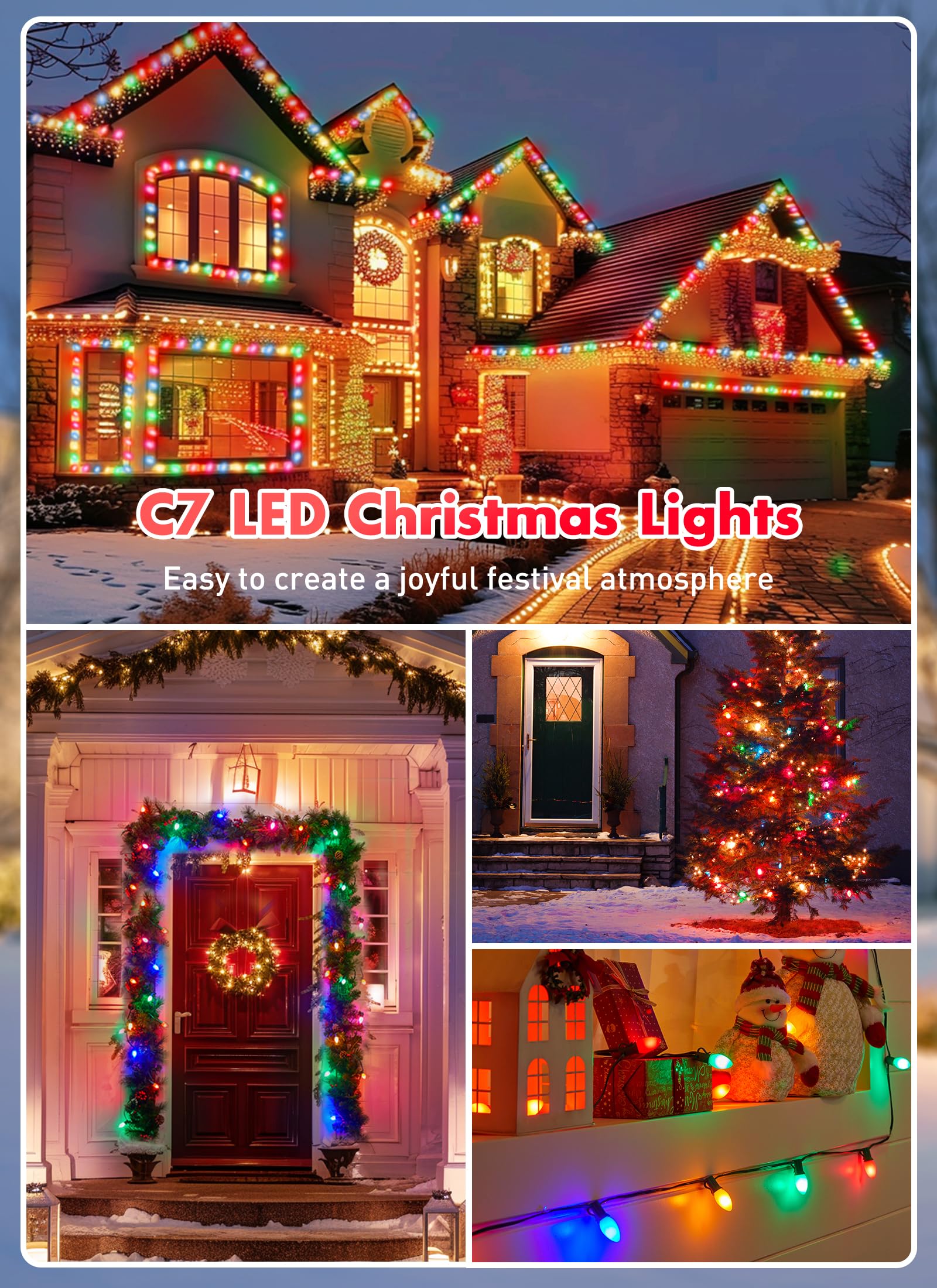 Multicolor C7 Led Christmas Lights Outdoor, 50Ft Colorful Christmas String Lights With 50+2 Plastic Bulbs, Traditional Hanging H