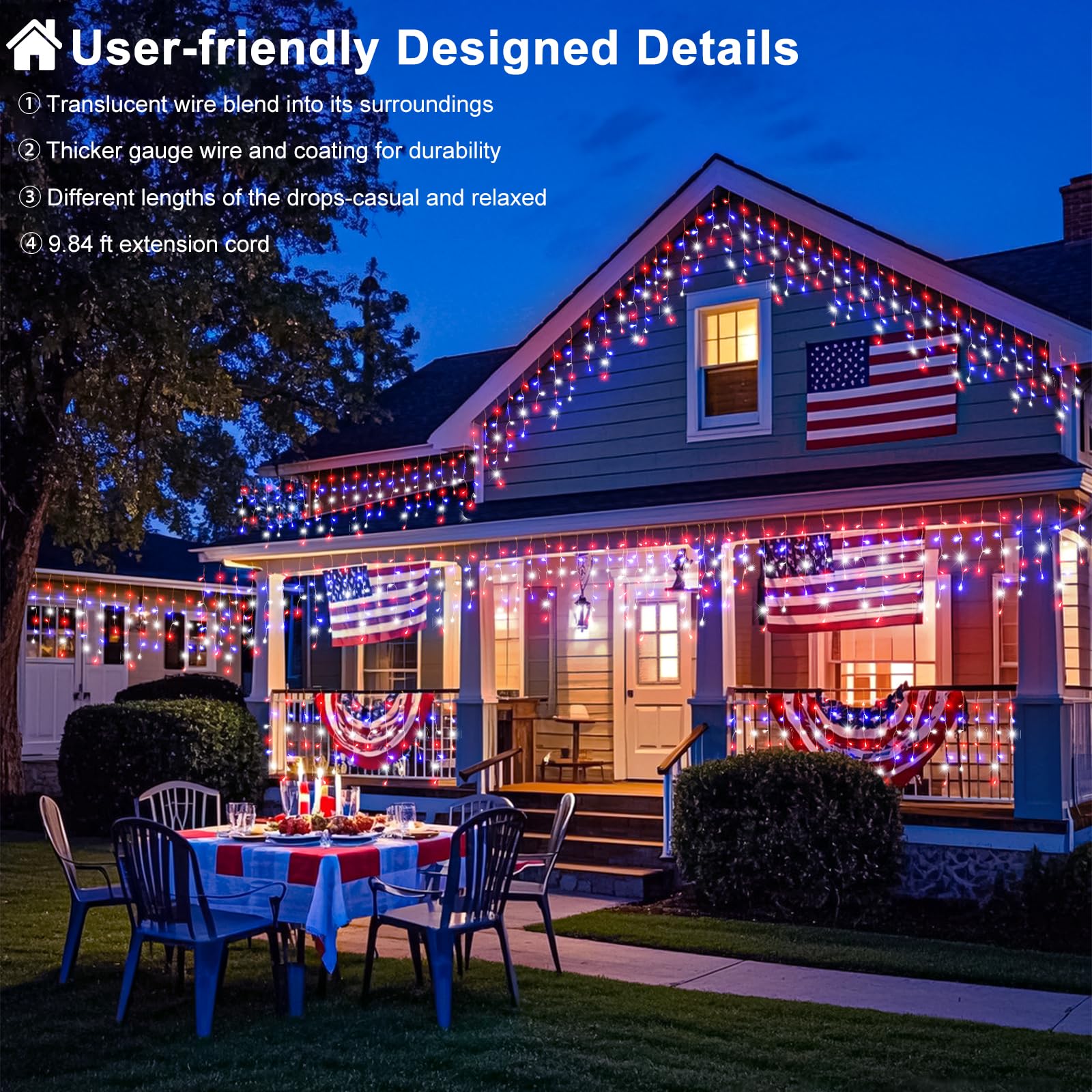 Nielfoi 33ft 400 LED Outdoor Christmas Lights, Red White and Blue, Connectable Twinkle Icicle Lights for Holiday Decorations