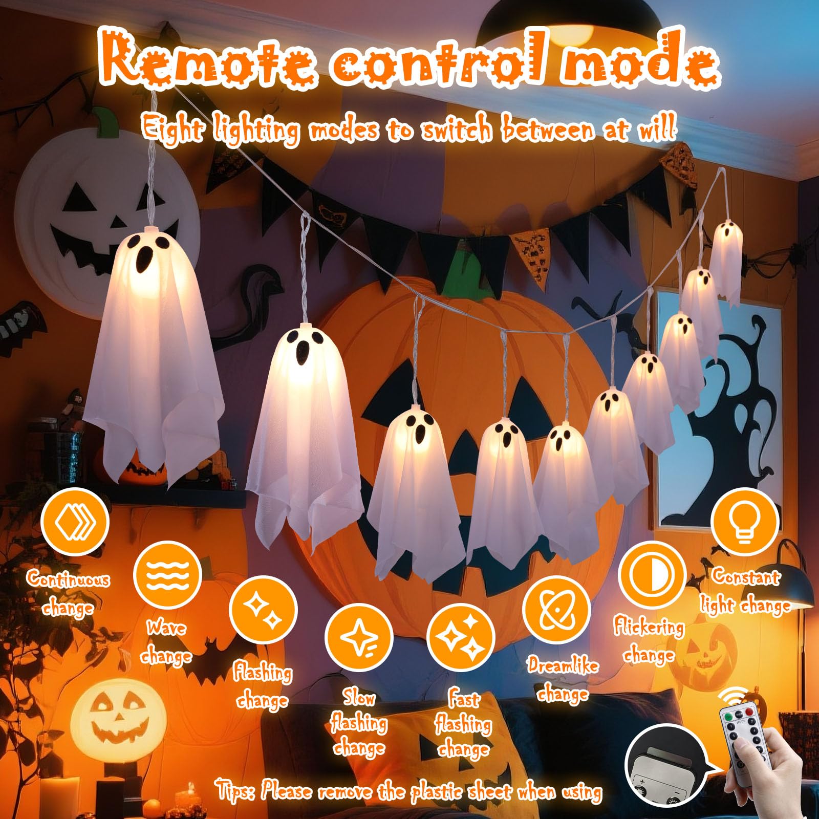 Tbgenius Halloween Ghost Decor  10Pcs Spooky Ghosts String Lights Battery Operated With Timer 8 Lighting Mode For Home Window Indoor Outdoor Halloween Party Decorations