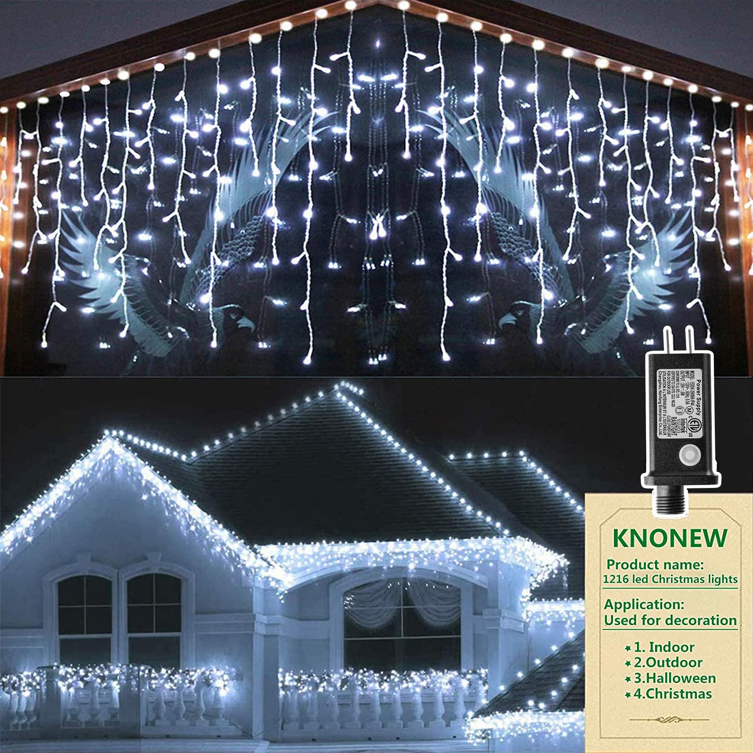 KNONEW Outdoor Decorative String Lights, 1216 LED, 99ft, 8 Modes, Plastic, Cool White