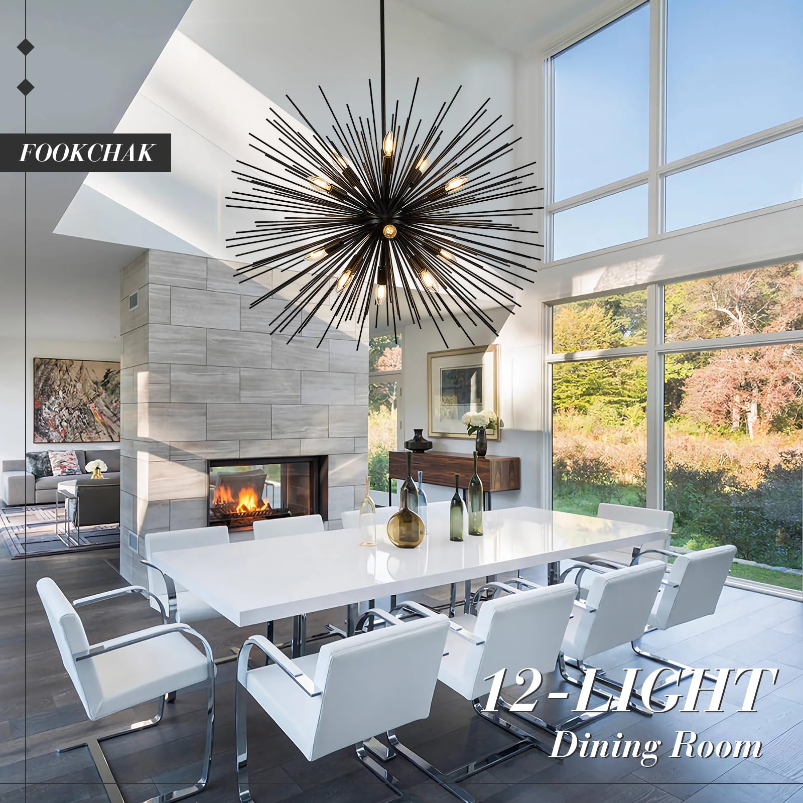 FookChak 35in Black Sputnik Chandelier, 12-Light Starburst Fixture, Metal, Model 900B, Ideal for High Ceiling Living Room, Dining Room, Foyer