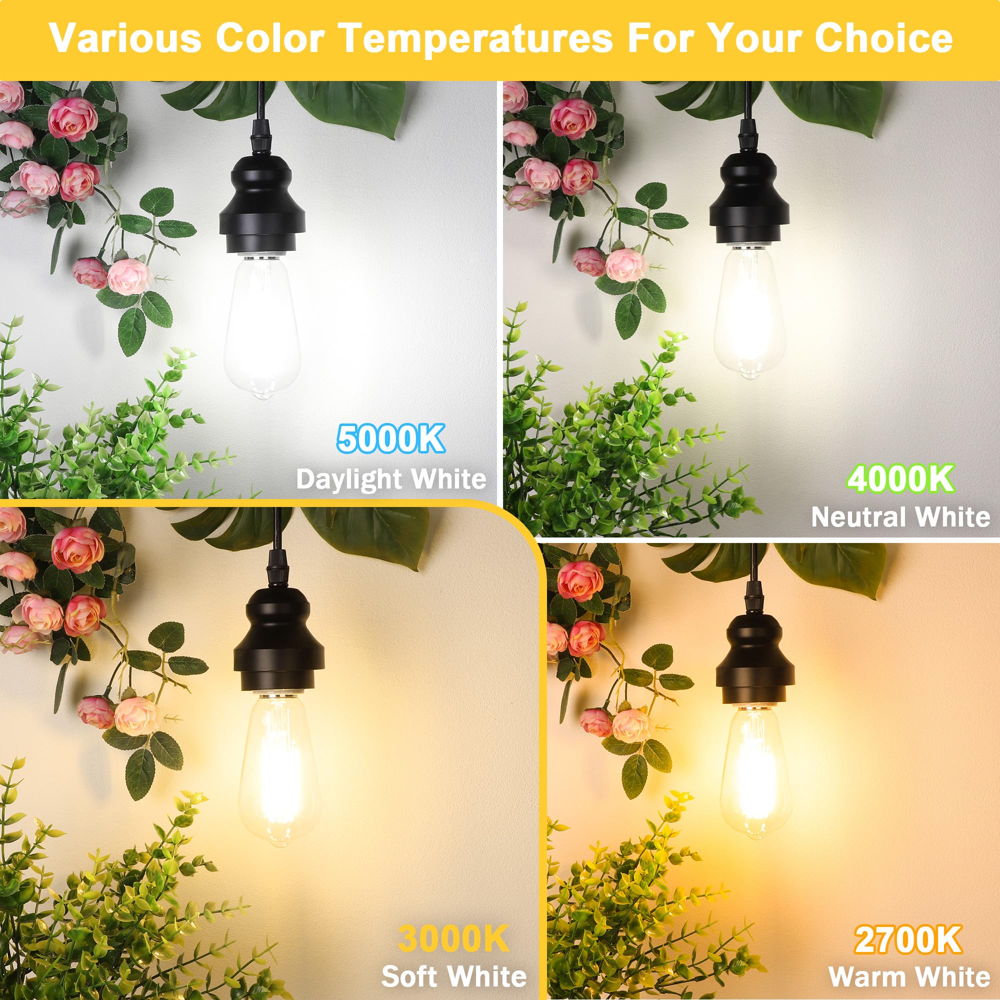 Asomst Vintage Edison Bulbs 60W Equivalent 850Lm, 6W Led Light Bulb Soft White 3000K, St58 Filament Lighting E26 Base, Non-Dimma