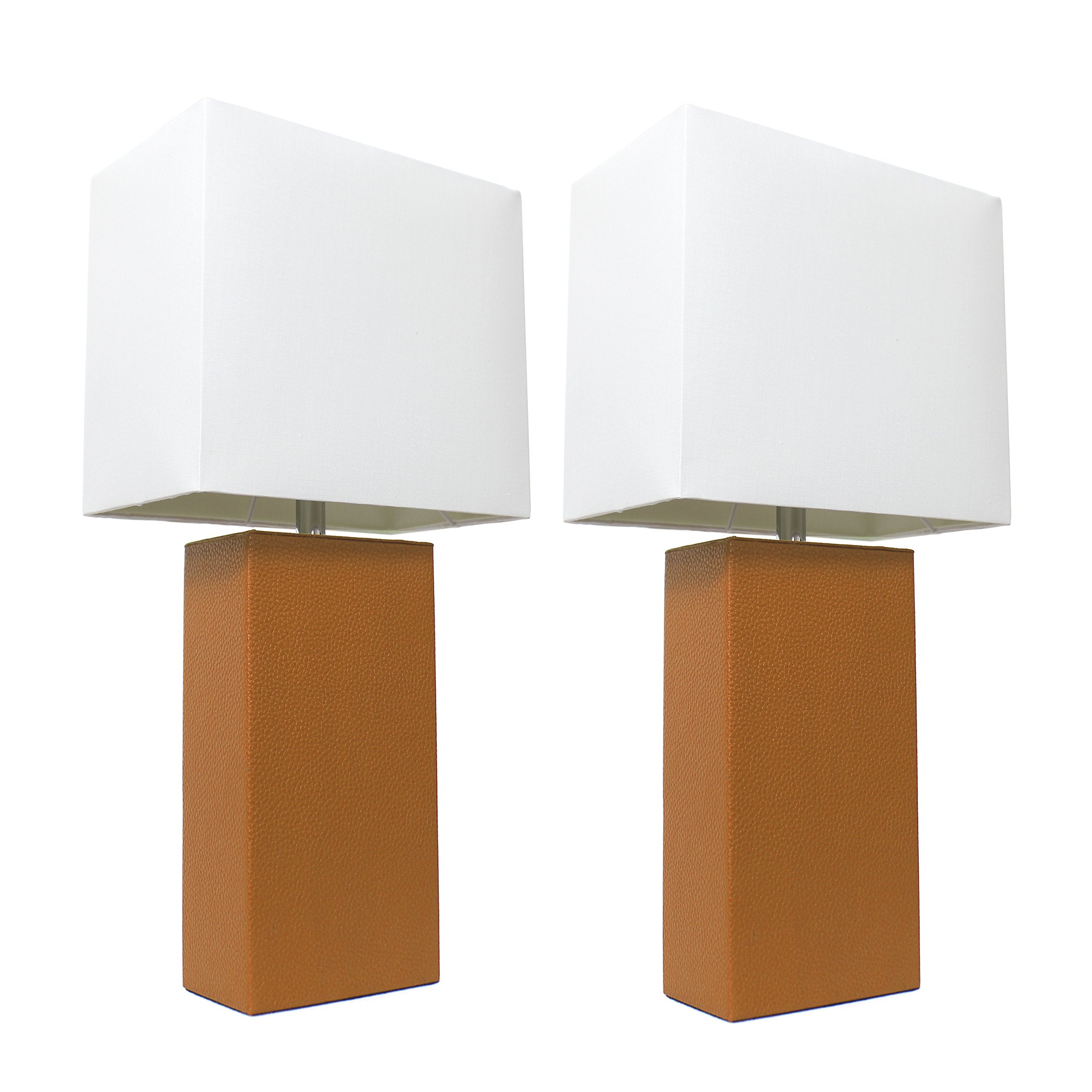 Elegant Designs LC2000-TAN-2PK 2 Pack Modern Leather Table Lamps with White Fabric Shades  Tan