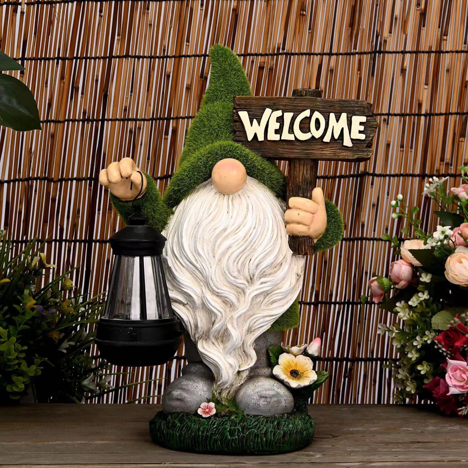 Meagkka Garden Gnome Statue Outdoor Decor Large Flocked Resin Gnome Figurine With Solar Light Holding Lantern Welcome Sign Garde
