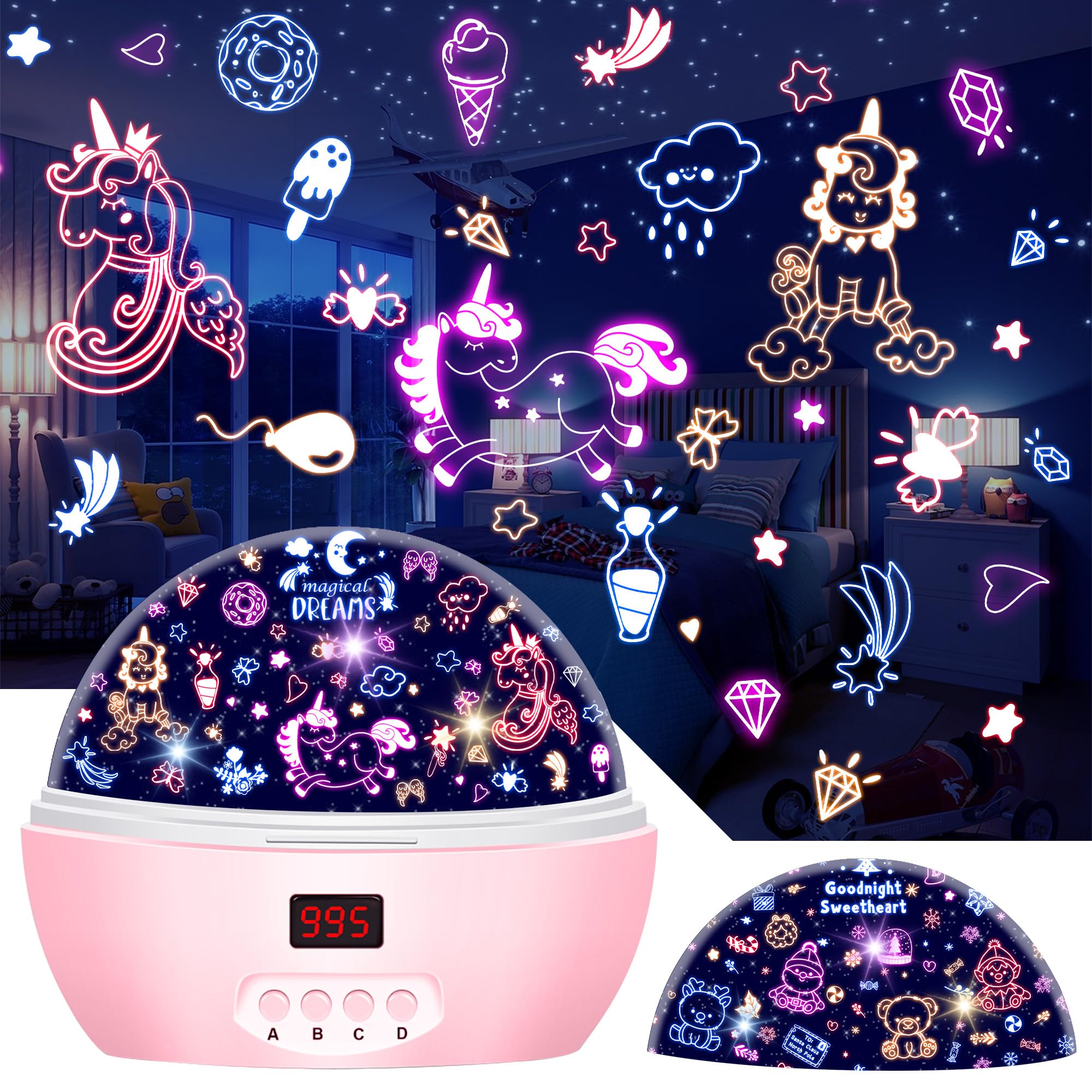 Mokoqi Kid Unicorn Night Light For Girls  And Baby Bear Night Lights Rotating Light Projector With Timer Color Changing Birthday Gifts For 3-5-10 Year Old Girls