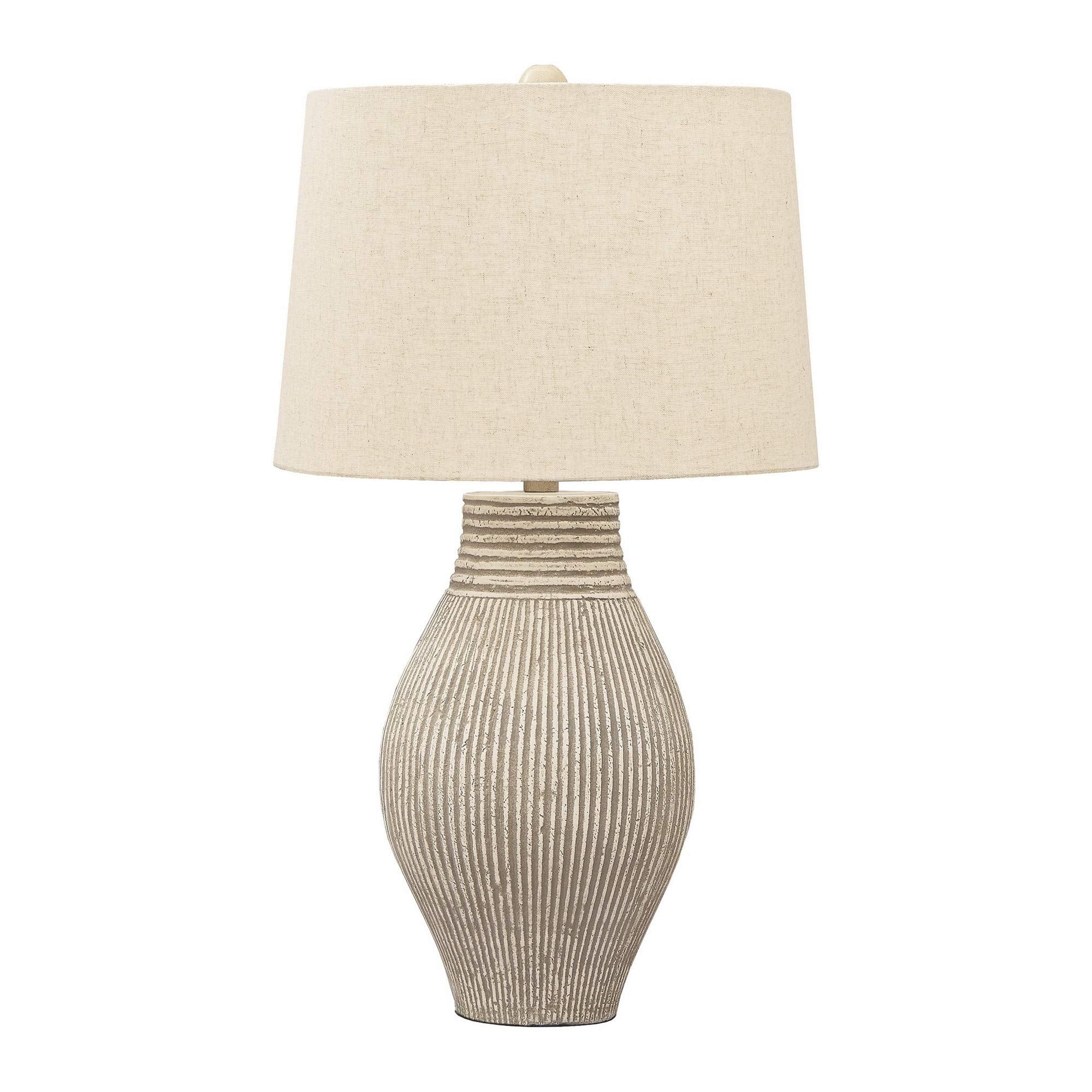 Benzara Drum Shade Table Lamp, Beige, Wood & Paper Composite Base, Model BM230940