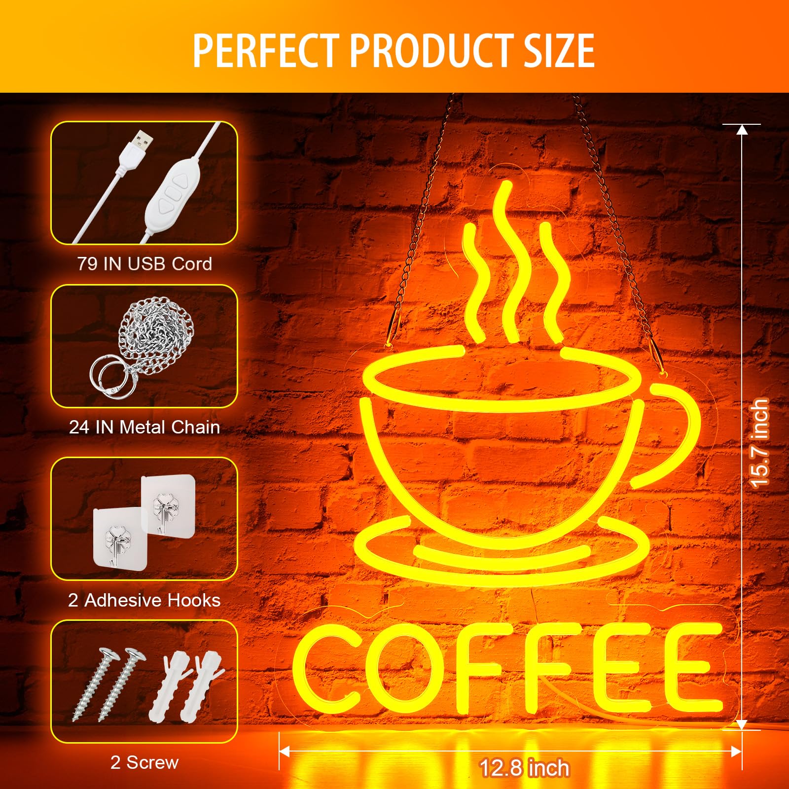 Basaneon Dimmable LED Coffee Neon Sign, USB Powered, Acrylic, 15.7x12.8 inches, Color B-COFFEE, Model ZF-COFFEE