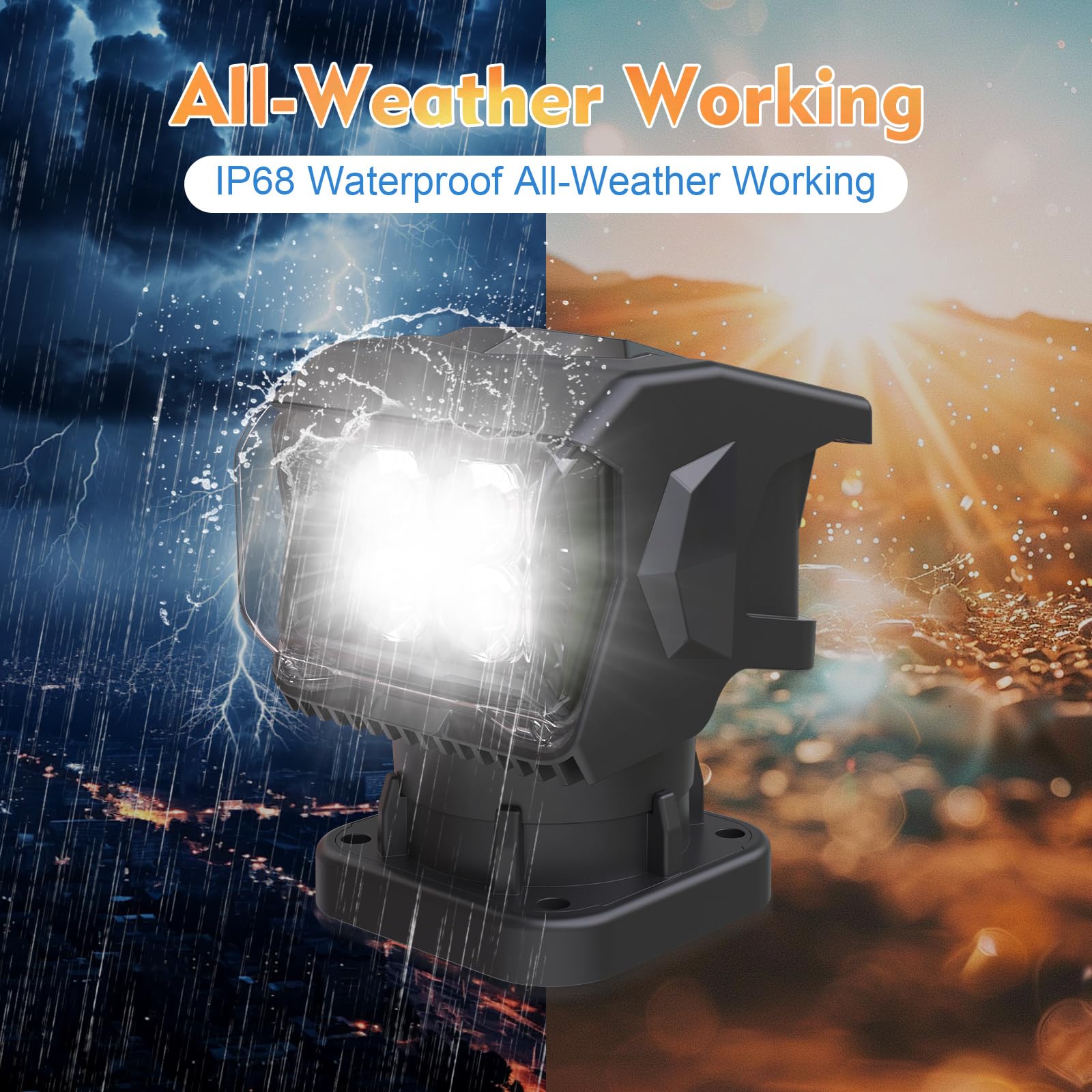 BIGACOVER Remote Control LED Spotlight, 50W Waterproof Searchlight, 360° Rotating, Black, with 5 Strong Magnets for Truck/Boat, 12V/24V