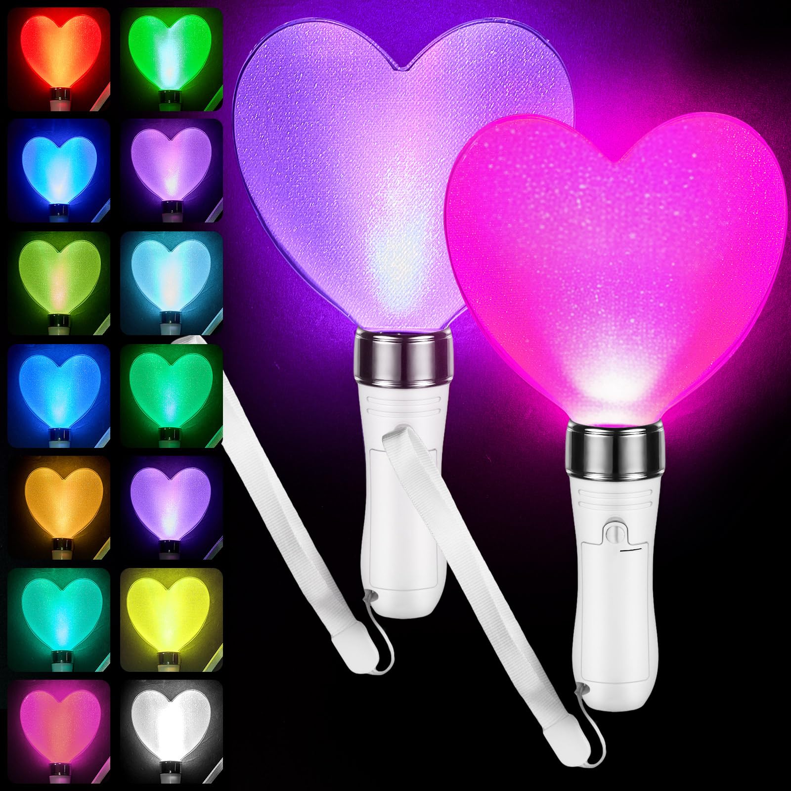 Lewtemi 2 Pcs 15 Color Concert Light Stick 9.8 Inch Heart Shaped Reusable 2 Lighting Modes Bright LED Multicolor Glow Flashing L