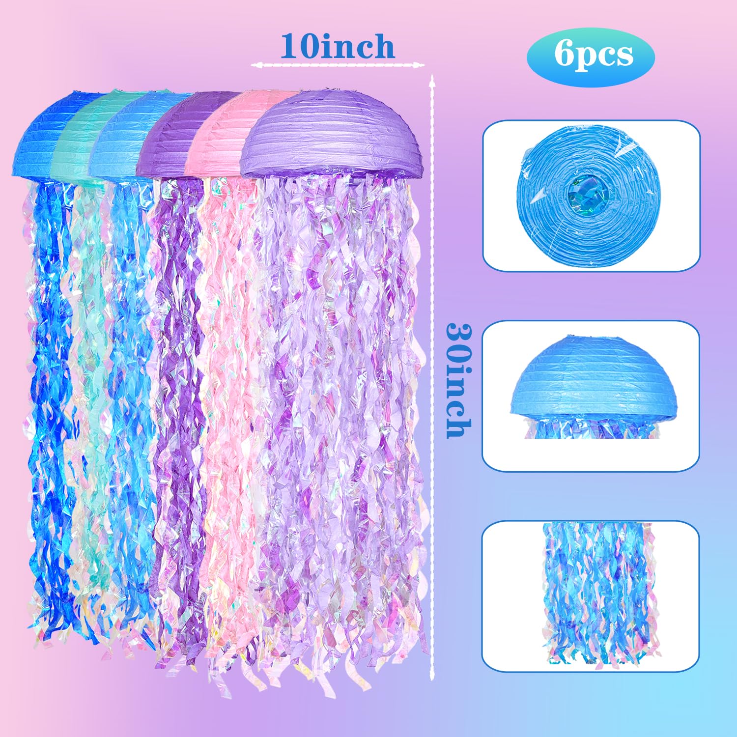 Obxt Hanging Jellyfish Lanterns Multi-Color 6 Pack - Ocean-Themed Decor For Under The Sea Mermaid Birthday Party Classroom & Vbs