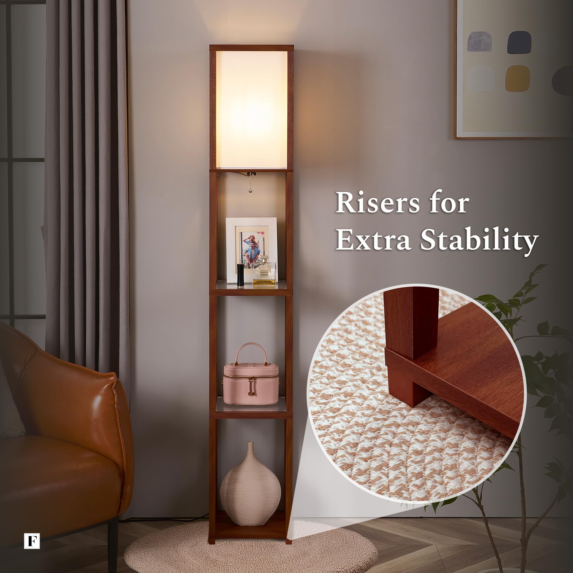 FENLO Floor Lamp with Shelves, Modern Minimalist Design, Tempered Glass Tiers, Walnut Color, Model FEN-111-FL-WA