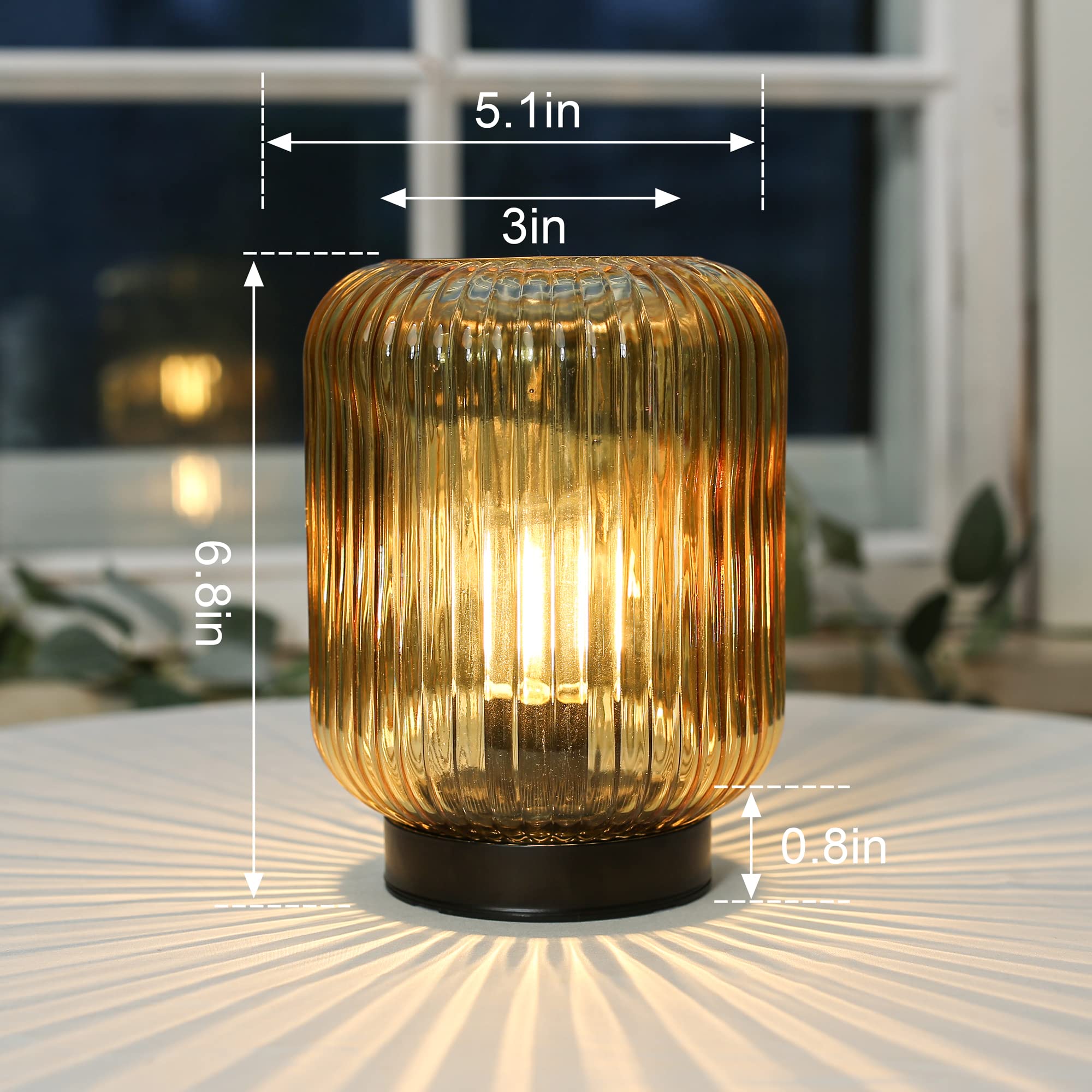 LUSHARBOR Battery Operated Table Lamp, LED Nightlight, Decorative Glass, Gold