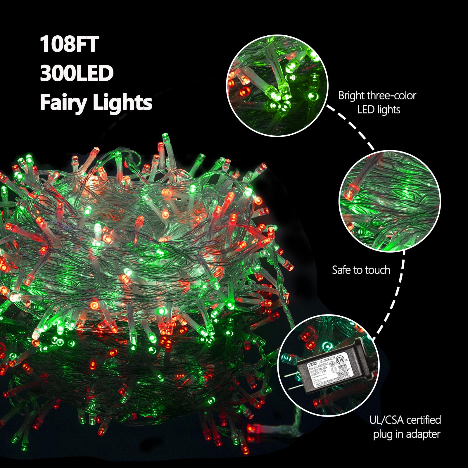 ILLUMINEW 300 LED String Lights, Waterproof Red Green Fairy Lights, 108 Ft, 8 Modes, Model JT-ELFC300V0120-C