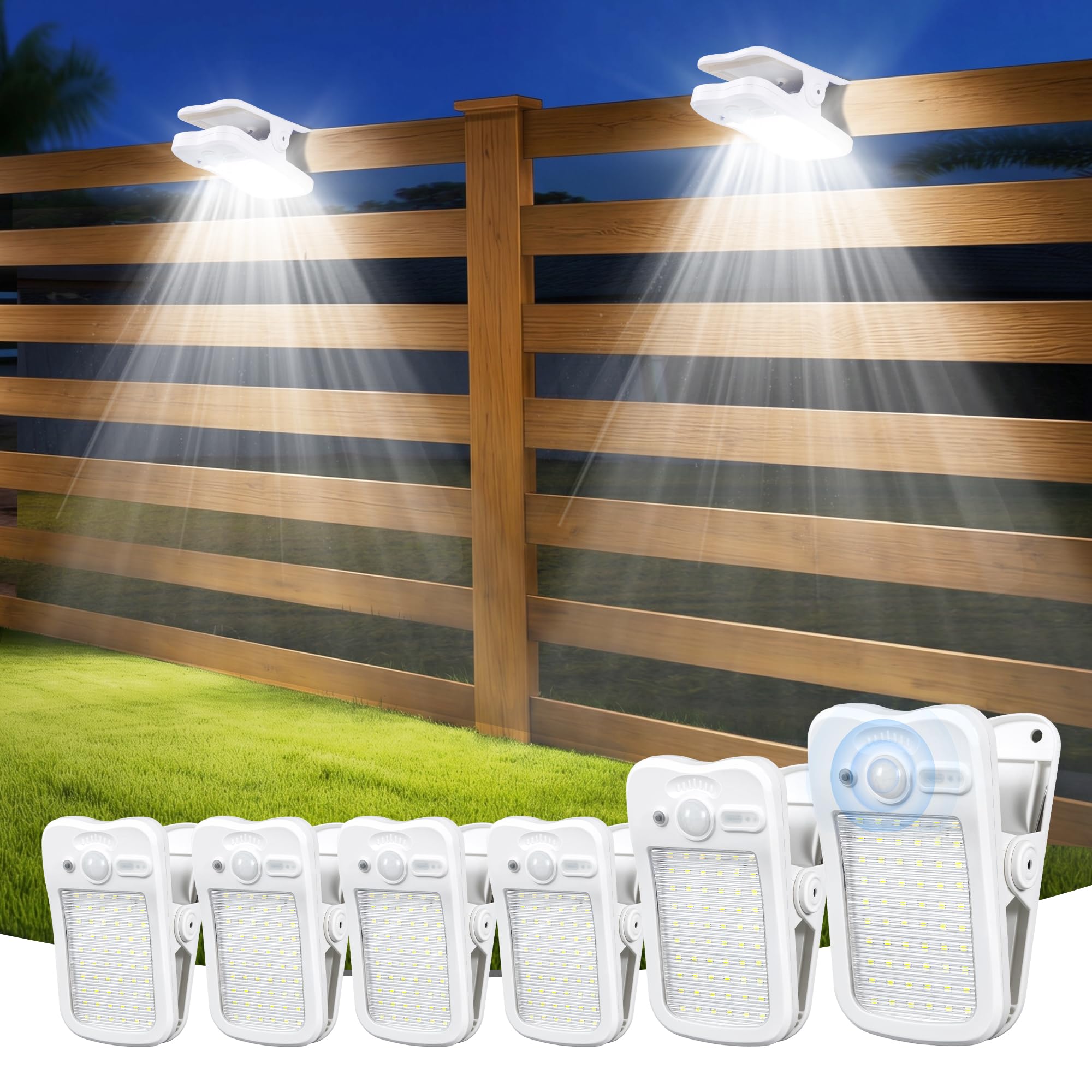 LIFENGSOLER Clip on Solar Lights for Fence, 3 Modes Solar Motion Lights Outdoor Waterproof, 60LEDs 500LM Portable Security Light