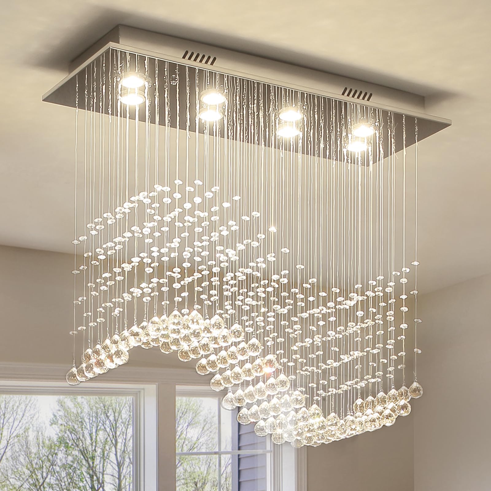 Siljoy Modern Wave 8-Light Chrome Crystal Chandelier, Flush Mount Pendant, L31.5'' x W12'' x H28'', Perfect for Dining and Living Room