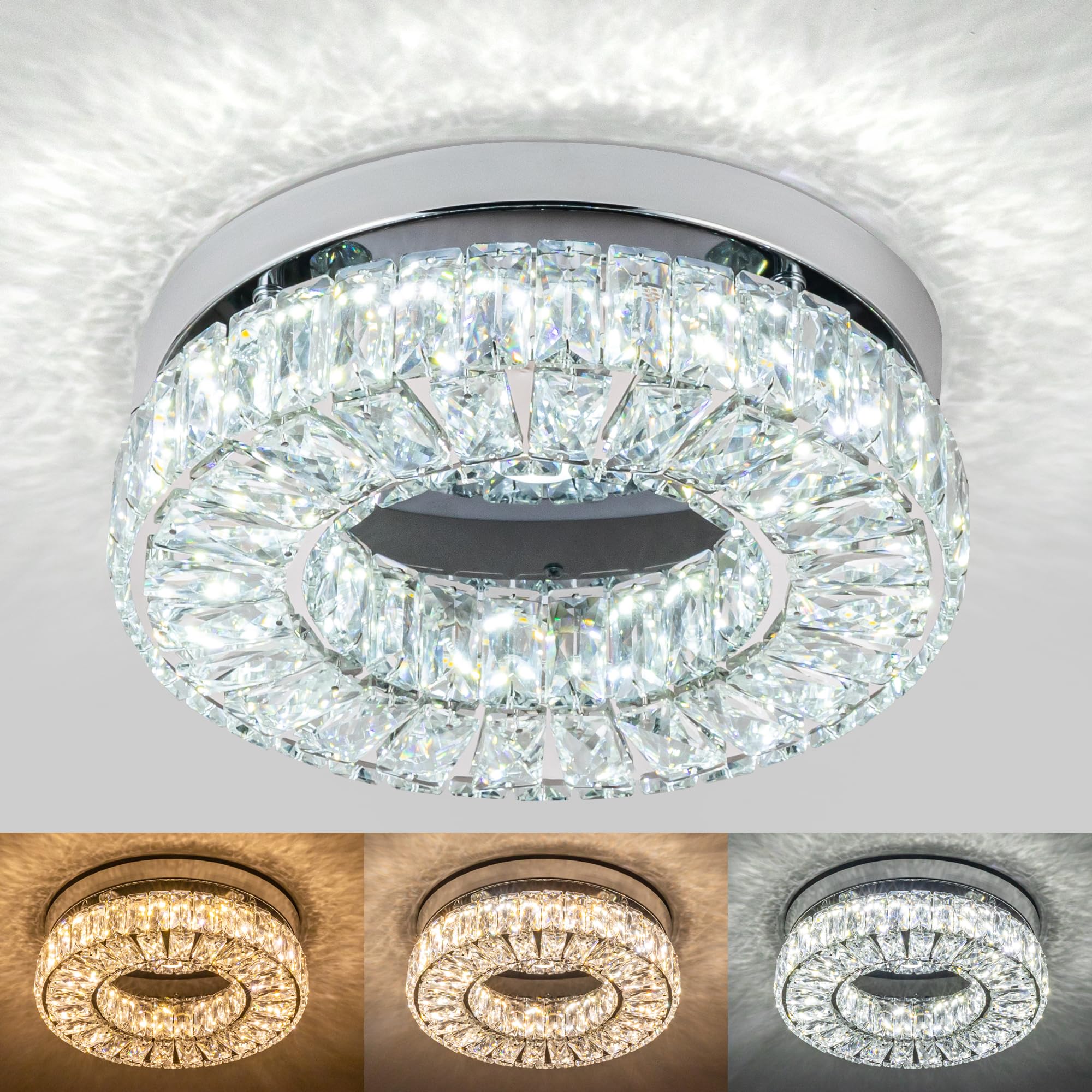 11.8    Crystal Ceiling Light Fixture Bedroom Chandelier Ceiling Light LED Flush Mount Chandelier for Dining Room Hallway (3 Col