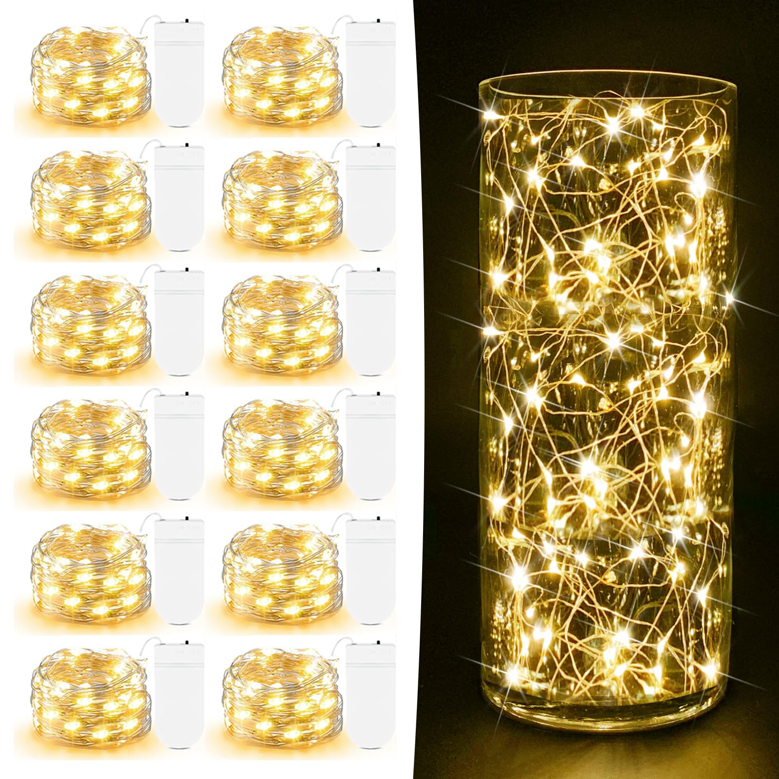 AOZOPE 12 Pack Fairy Lights - 7ft 20 LED Copper Wire Warm White Twinkle Lights for Mason Jars, DIY Crafts, Christmas, Wedding Decor