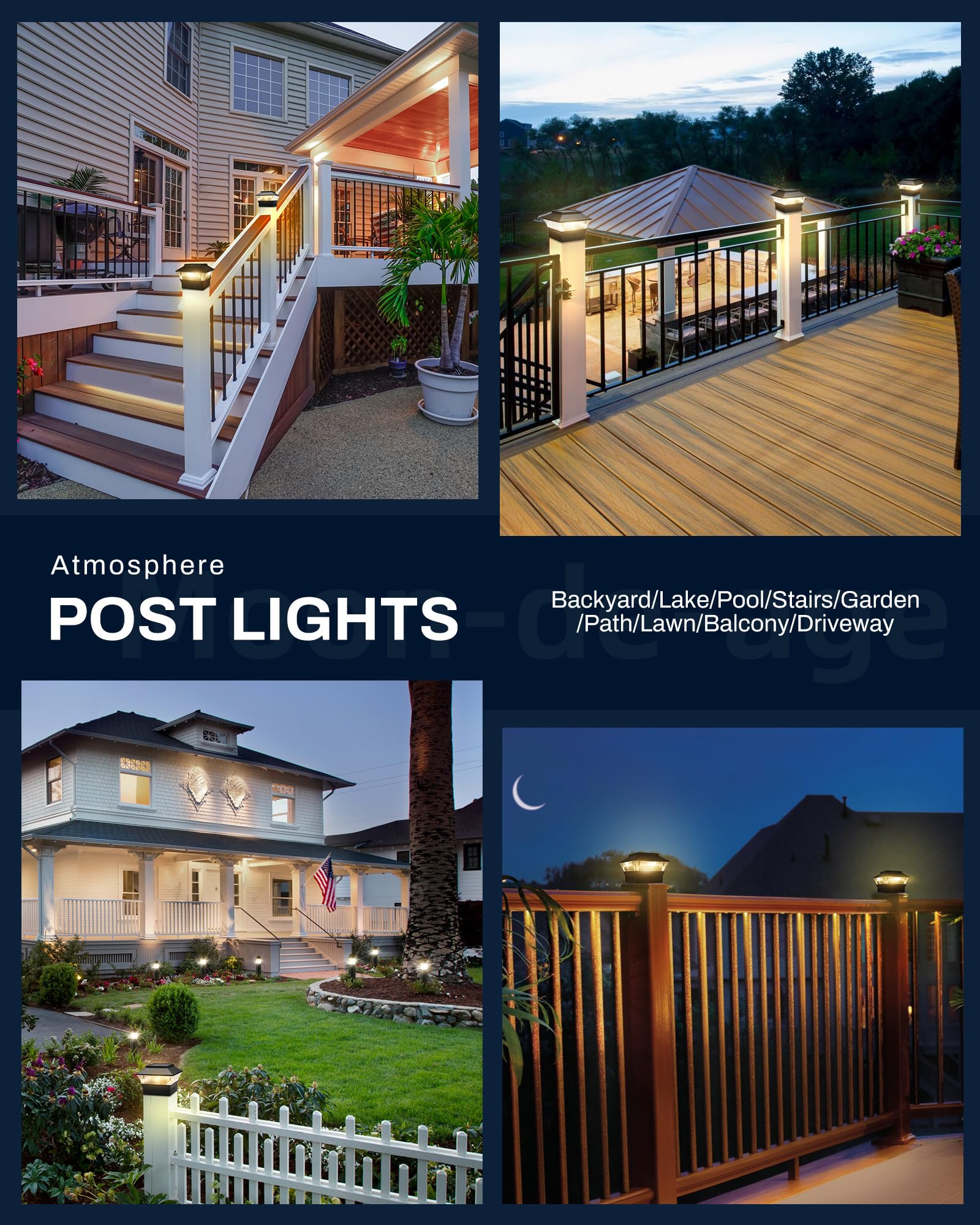 MOON-DE-AGE Fence Post Lights, 25 Lumens Deck Post Cap Light Solar Powered Outdoor Lighting, Fits for 4x4 or Larger Wooden Posts