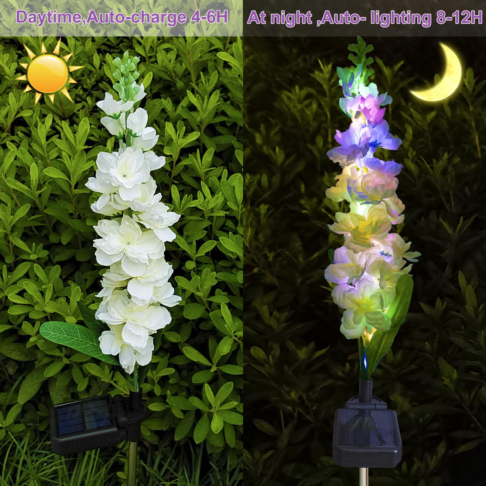 Solar Garden Lights, Solar Delphinium Flowers Lights 4 Pack 80 Leds, Waterproof Solar Outdoor Lights Two Lighting Modes For Outs