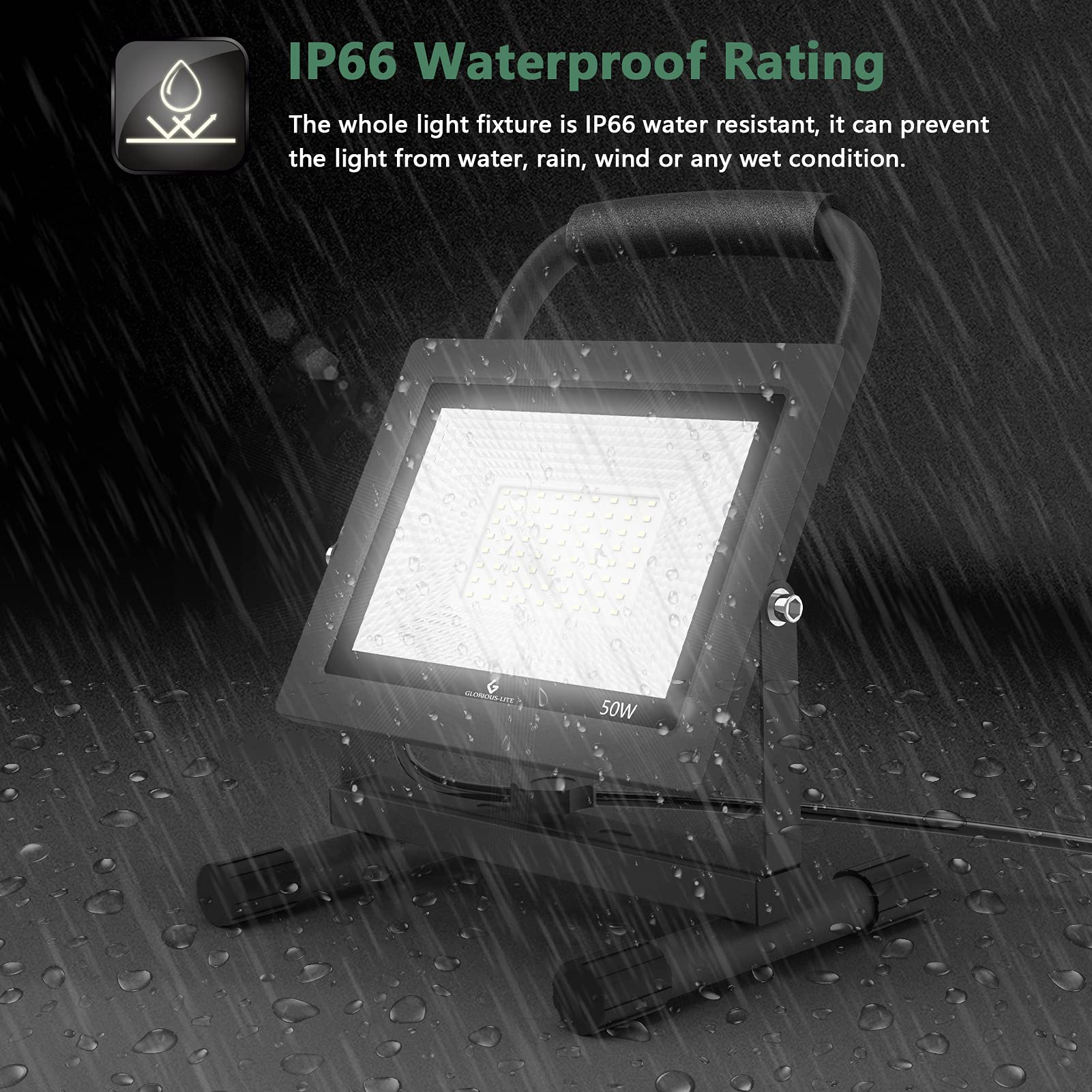 Glorious-Lite 50W Led Work Light, 5000Lm Led Flood Lights, 400W Equivalent, Ip66 Waterproof, 16Ft 5M Cord With Plug, 6500K, Adju