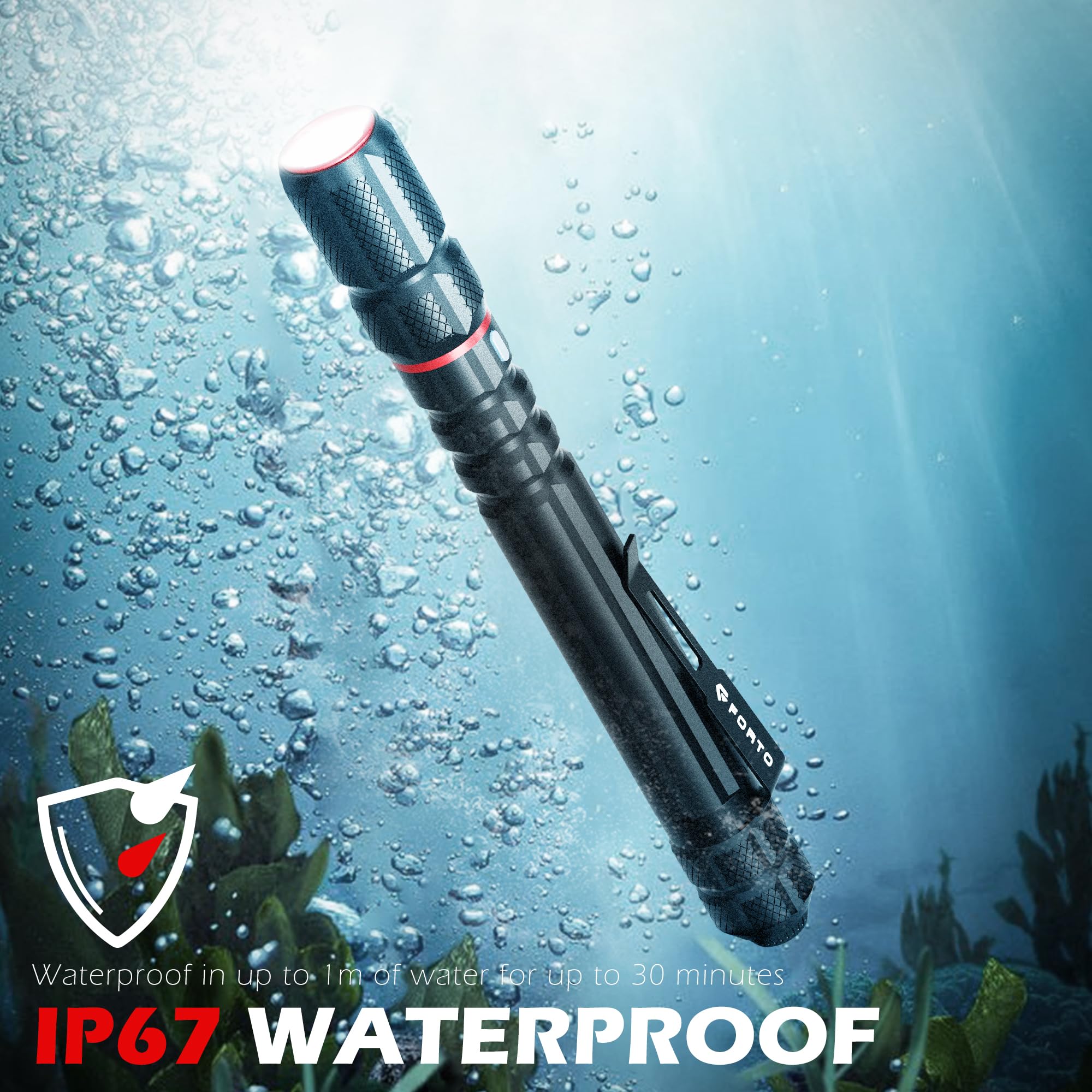 FORTO Rechargeable Pen Light Flashlight, 400 Lumens, IP67 Waterproof, Type-C Charging, Black, 1 Pack, Model FT-P400