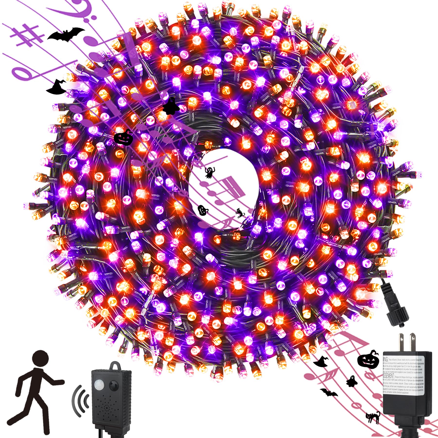 Chuya LED String Lights 300 Lights 105FT Waterproof Music Orange Purple Model QL300AE for Halloween Party Garden Christmas Decor