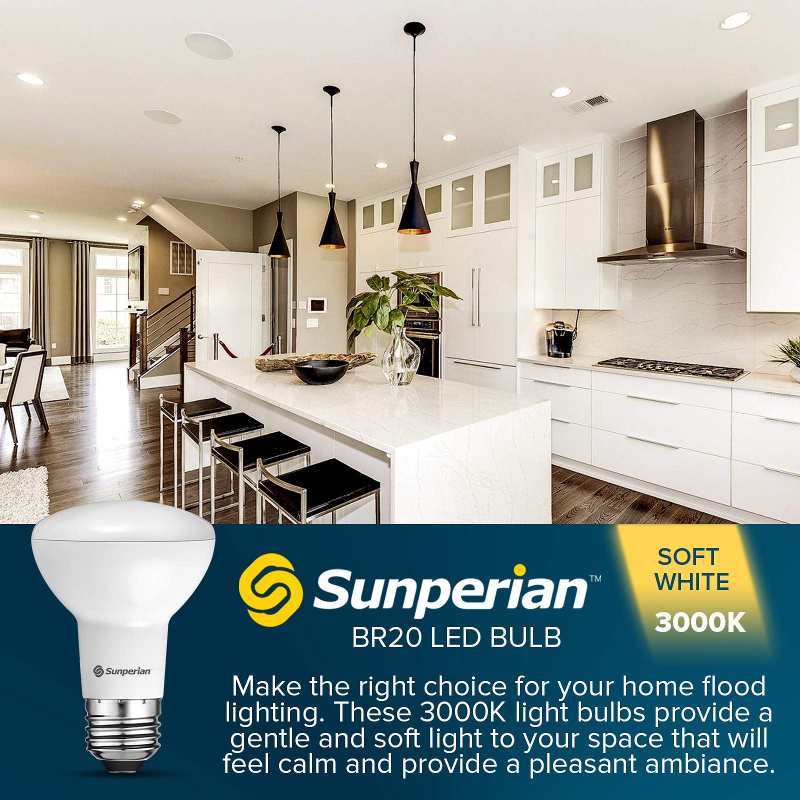 SUNPERIAN BR20 LED Bulb 6W=50W, 3000K Soft White, Dimmable Flood Light, 12 Pack, E26 Base, UL Listed, Damp Rated