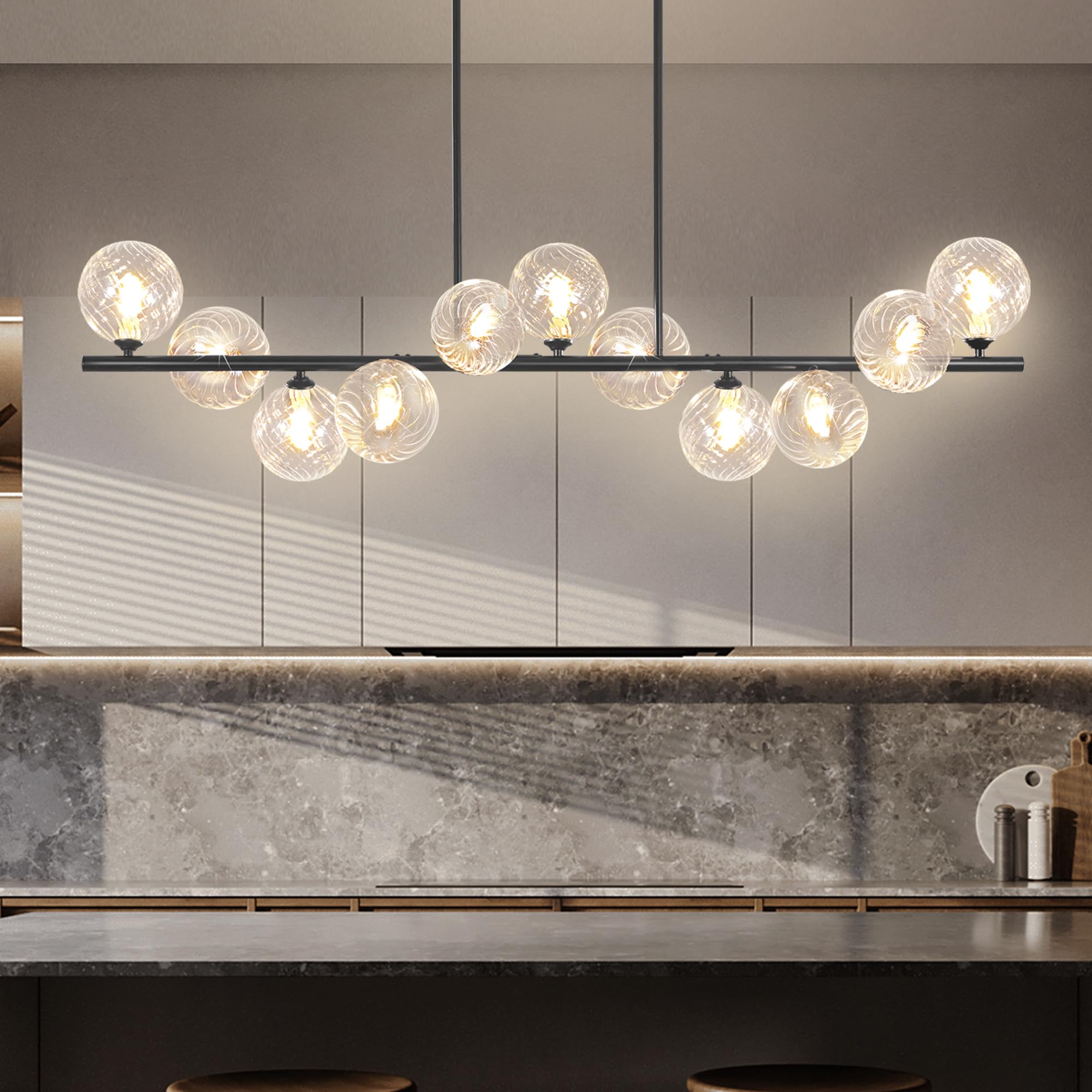 Wvsrbyr Linear Chandeliers for Dining Room  51 Dining Room Light Fixture with Clear Swirled Glass Globe 11 Lights Black Sputnik Chandelier Bubble Large Chandelier Modern Farmhouse Island Light