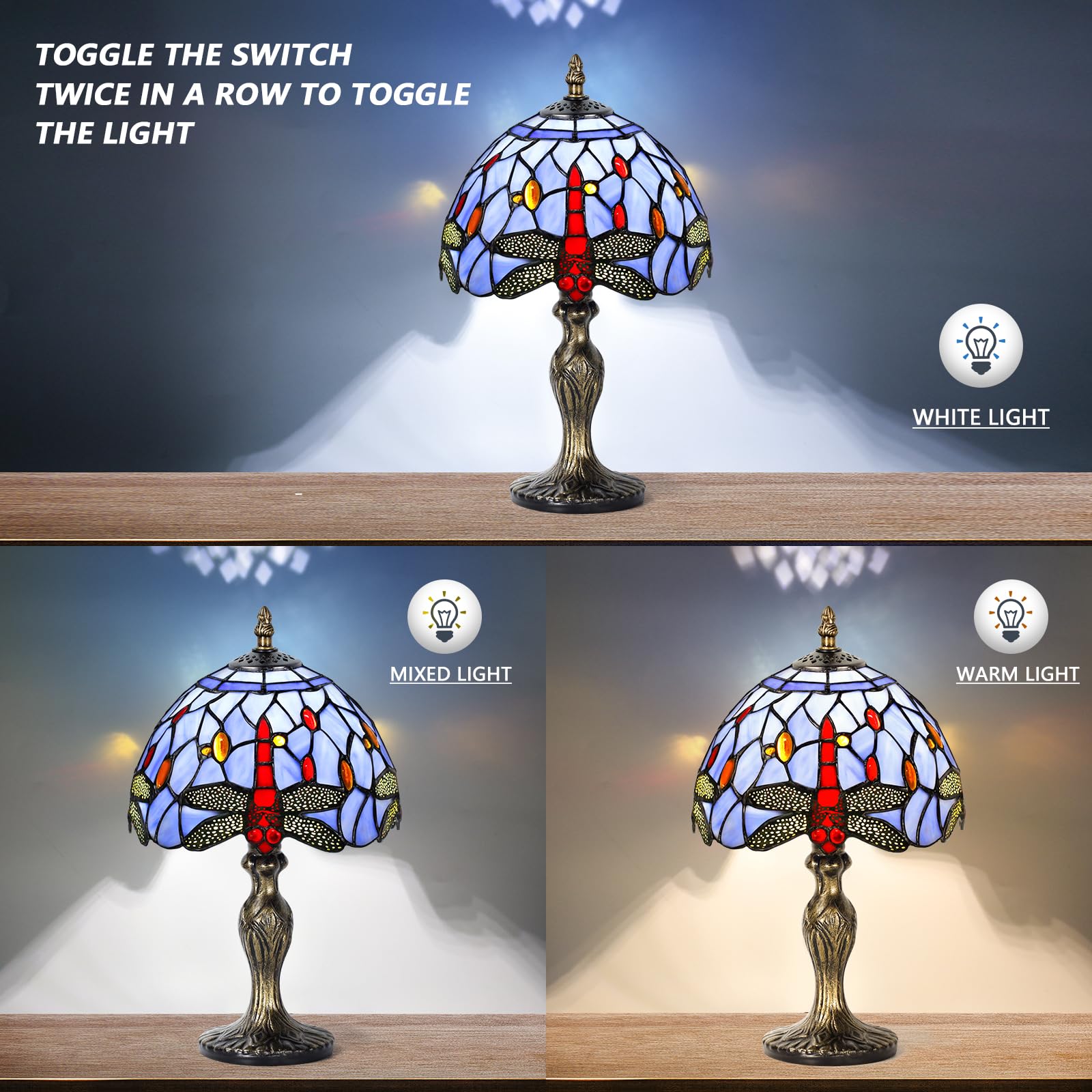 MIAOKE Stained Glass Table Lamp, Blue Dragonfly Design, Handmade Night Light, Antique Style for Living Room and Bedroom