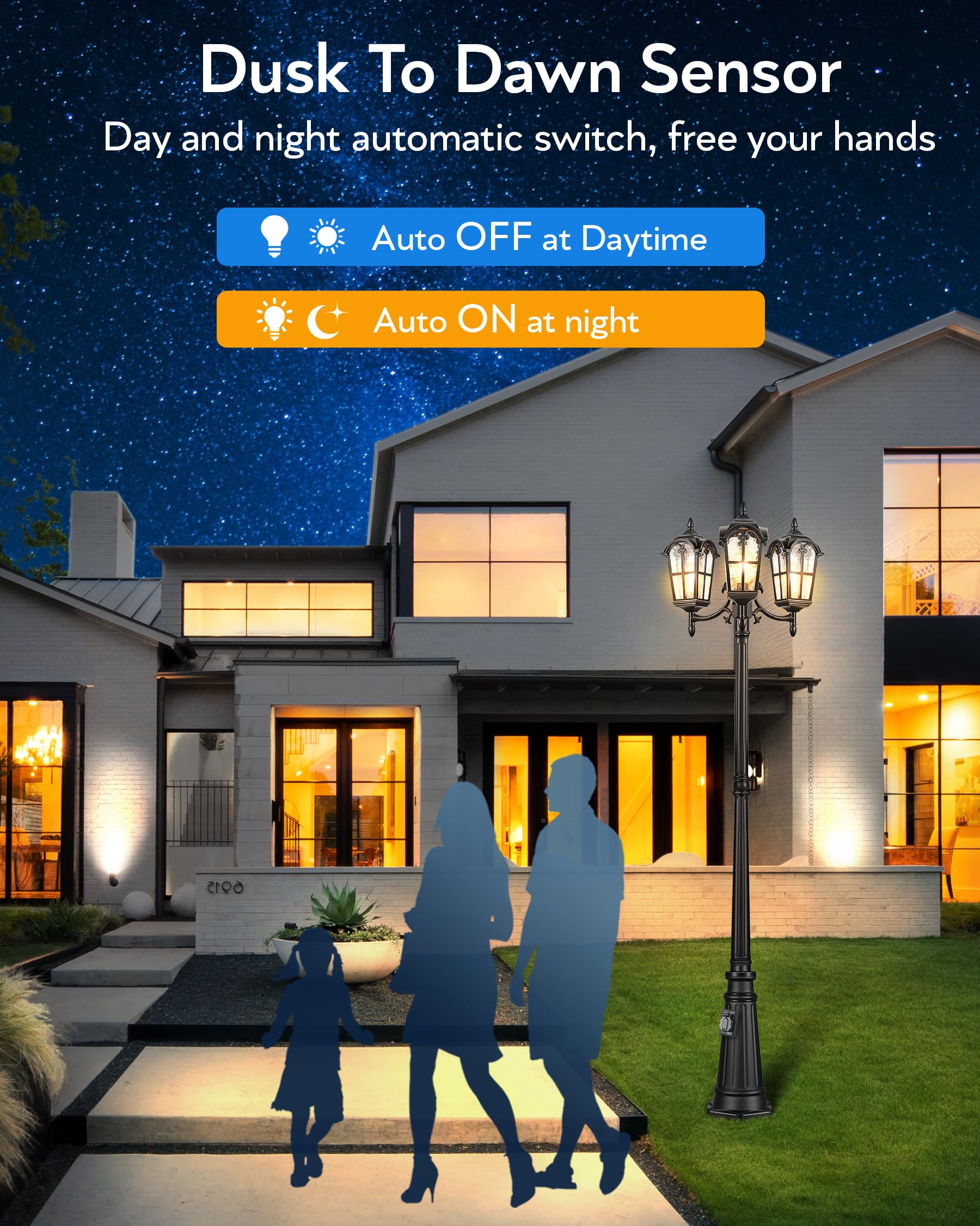 Vianis 3-Head Outdoor Lamp Post Light Fixture With Outlet, Black Dusk Dawn Lamp Posts Outdoor Lighting, Waterproof Anti-Rust Alu