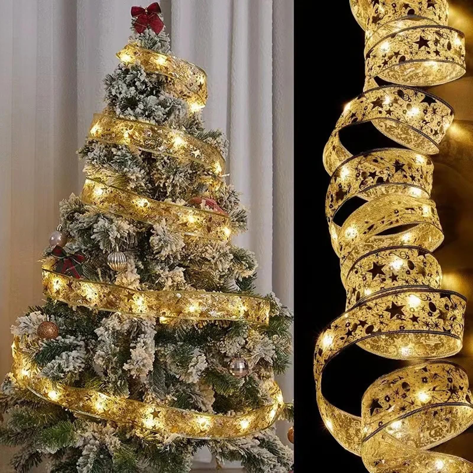 Zjhgdr Christmas Ribbon Fairy Lights  Copper Wire White String Lights Glitter Gold Ribbon Lights 2.5Inch X16.4Ft 50 Leds Battery Operated Fairy String Lights For Xmas Tree Indoor Decorations