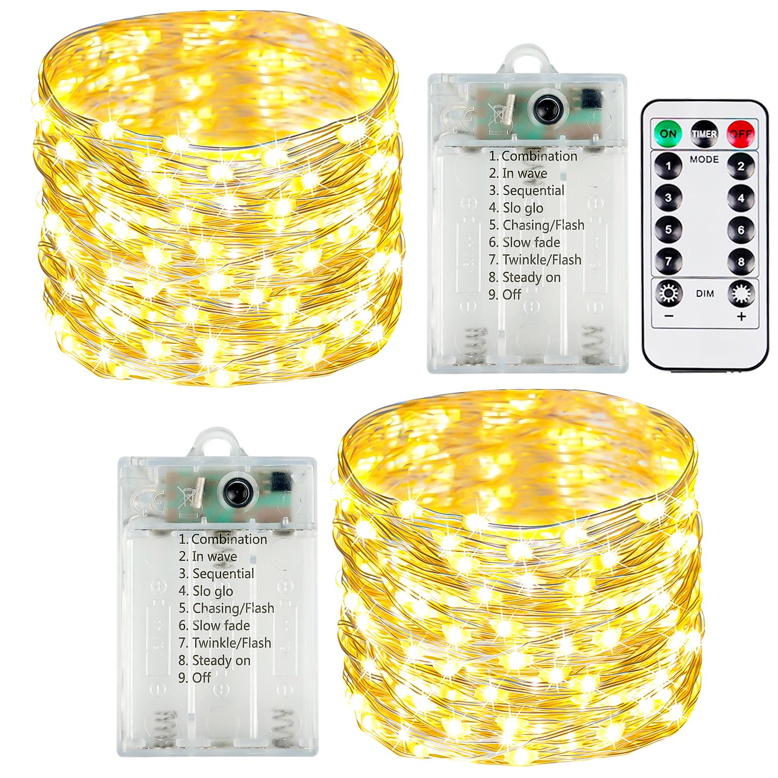 Yiqu 2 Pack Led Fairy Lights - Battery Operated, Remote Control, Timer, Warm White, Copper, 8 Modes For Indoor/Outdoor Décor