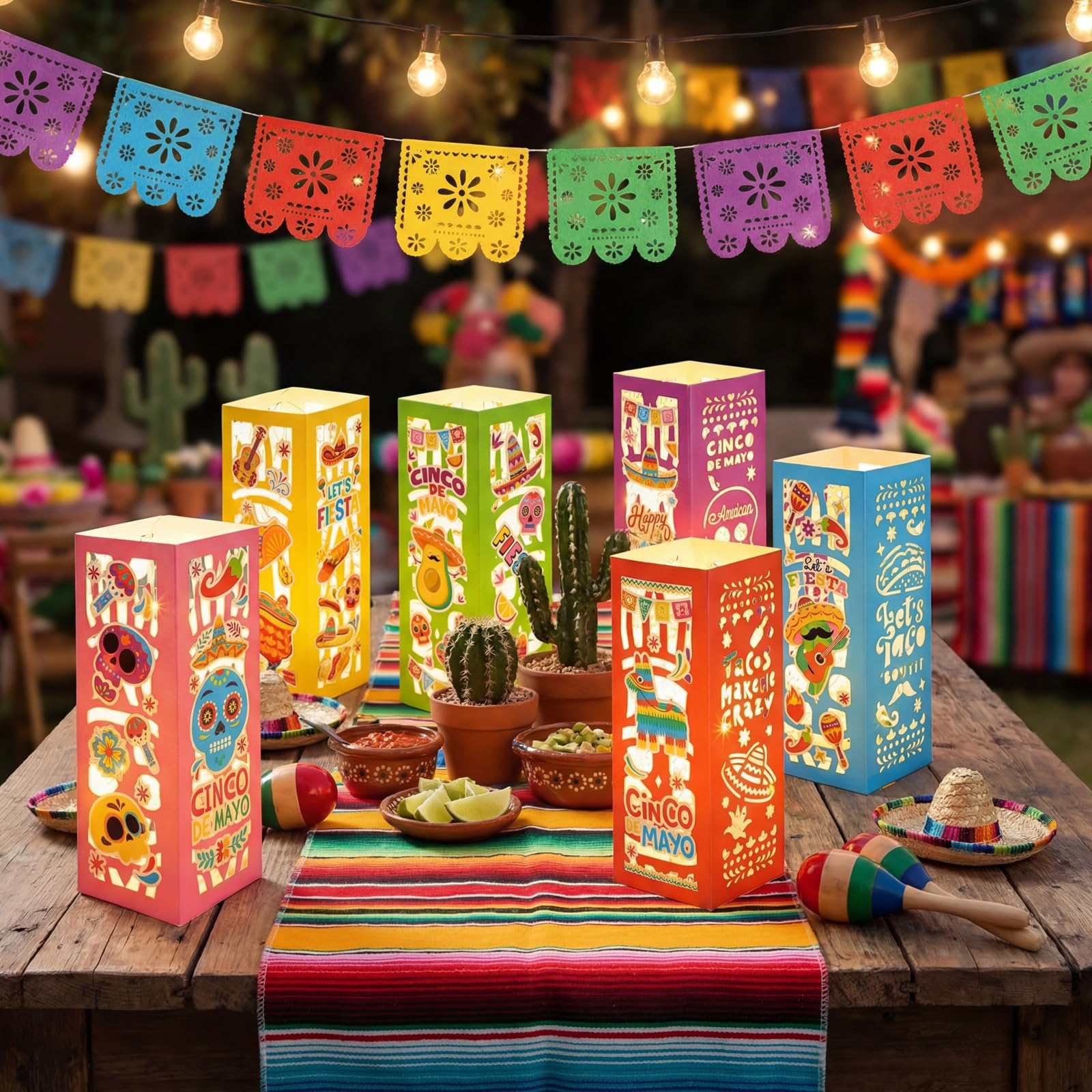 Honoson 12 Pcs Cinco De Mayo Lantern Boxes with LED String Lights Cinco De Mayo Lantern Table Decorations Cinco De Mayo Table Ce
