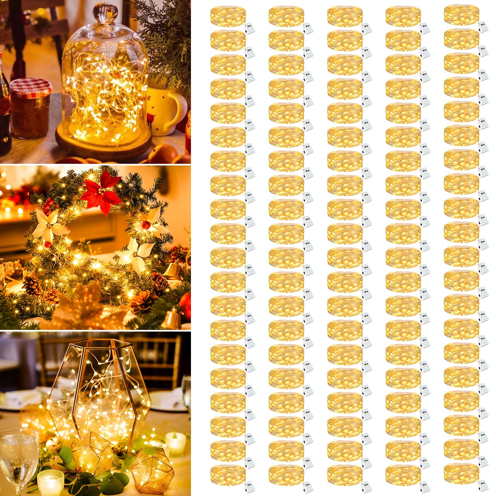 100 Pack Fairy Lights Battery Operated - 7ft 20 Led Twinkle Lights 3 Modes  Bulk Mini String Lights Waterproof for Mason Jars Vases DIY Party Wedding Decoration Christmas -Warm White