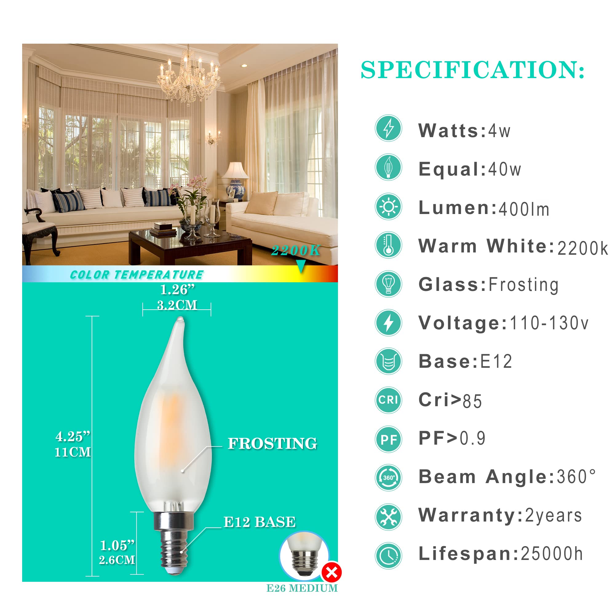 AMDTU Candelabra LED Light Bulbs, Dimmable 40W E12, 2200K Soft Warm, Glass, 6 Pack
