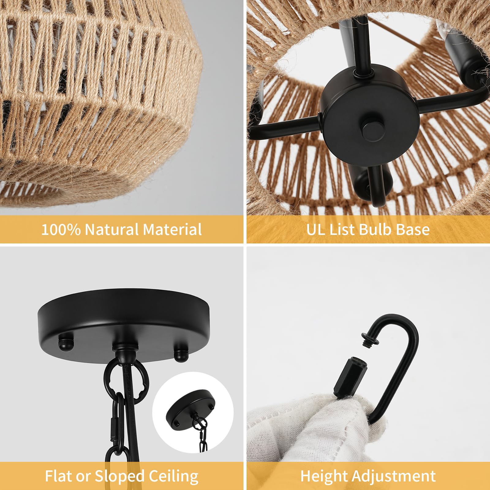 Foucasal 4-Light Boho Rattan Pendant Light - Large Hand Woven Chandelier For Dining Room, Brown