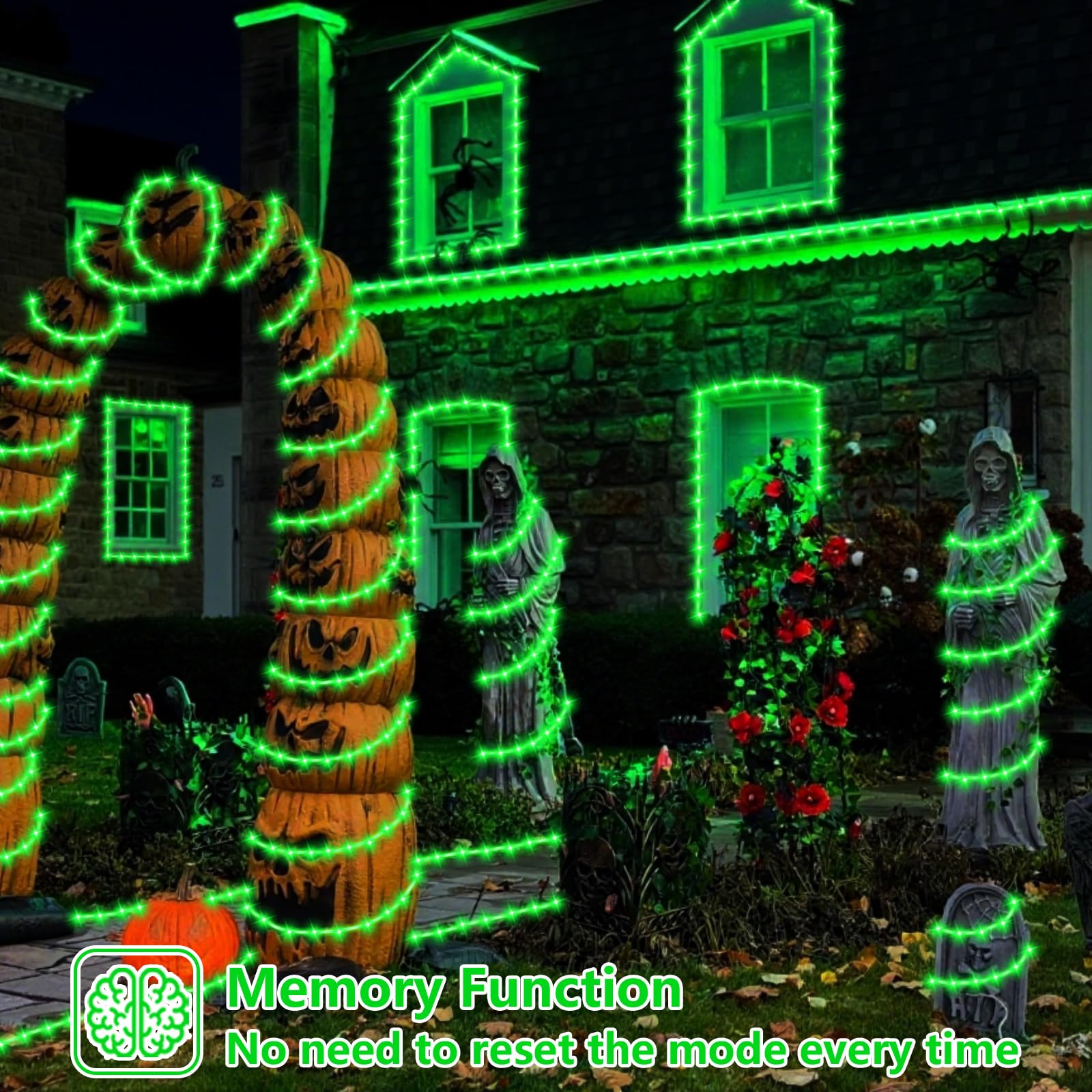Yeguo 66Ft 200 Led Halloween Solar Rope Lights Outdoor Waterproof, Green String Lights For Outside, 8 Modes Fairy Lights In Clea