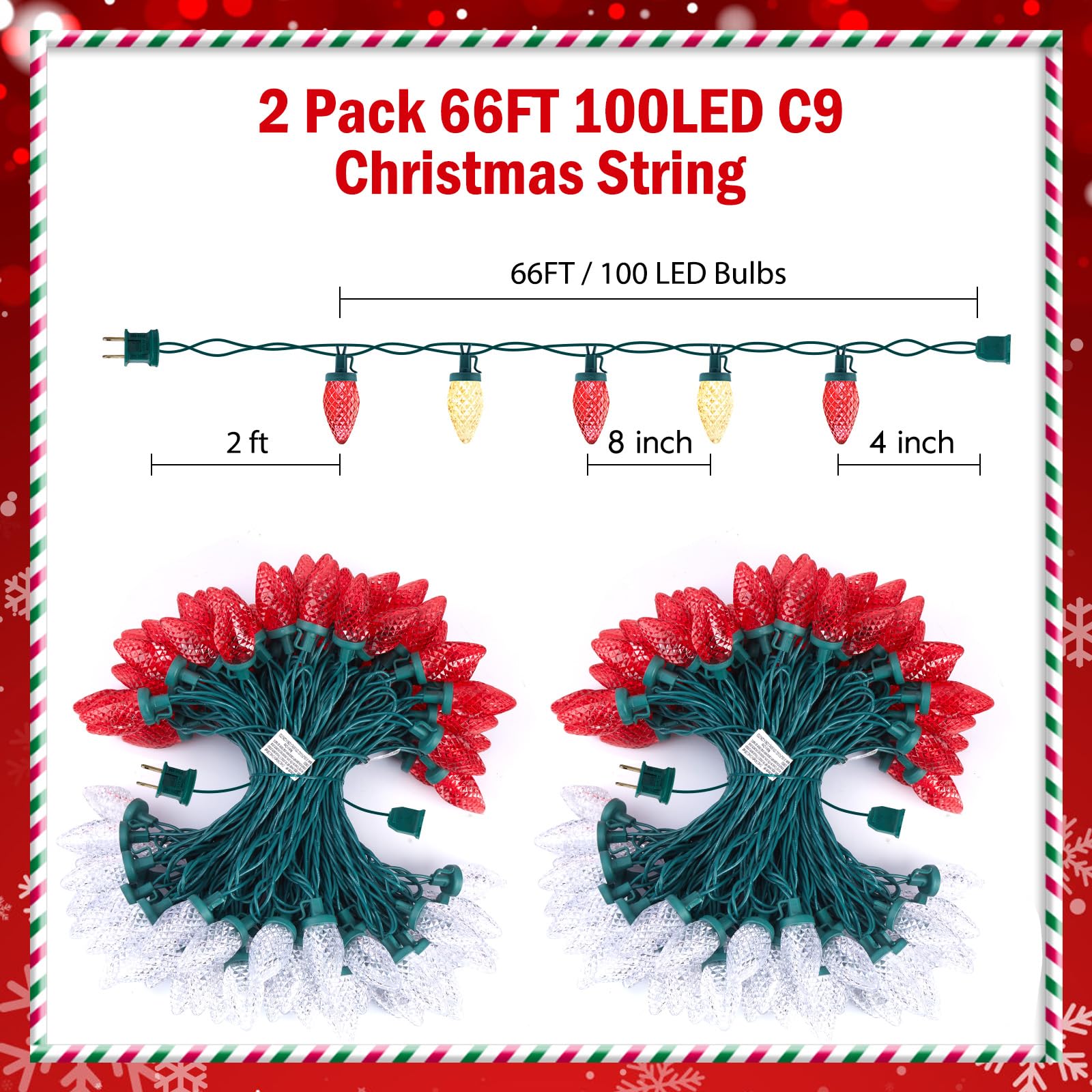 Brightown C9 LED Christmas String Lights, 200 LEDs, 132ft, Waterproof, Red and Warm White, Model 5-100/2F/C-033