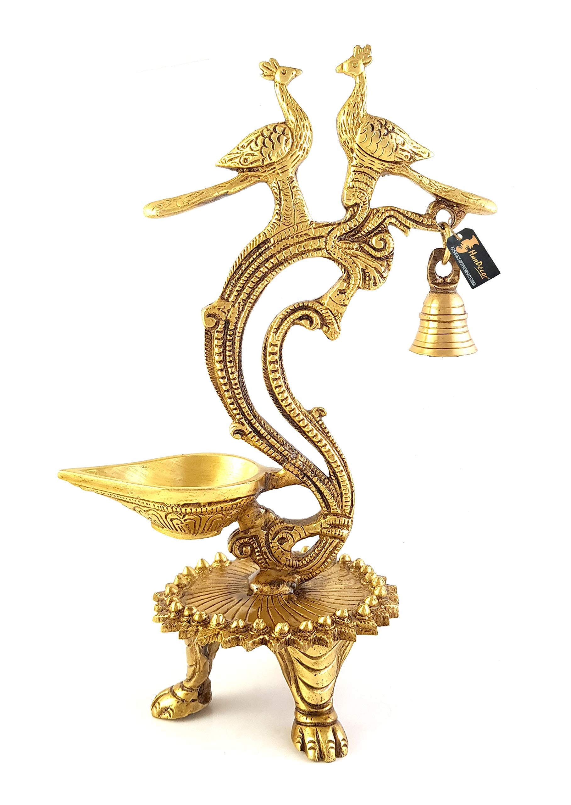 Two Moustaches Brass Ethnic Carved Twin Peacock Design Over Diya (Yellow_5.5 Inch X 4 Inch X 12 Inch), Antique Yellow (Model Num