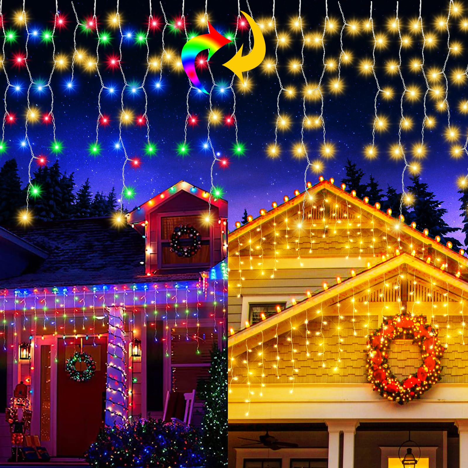Warm Color to Multicolor Color Changing Icicle Christmas Light with Remote, 480 LED 39.3ft Christmas String Lights Outdoor Water