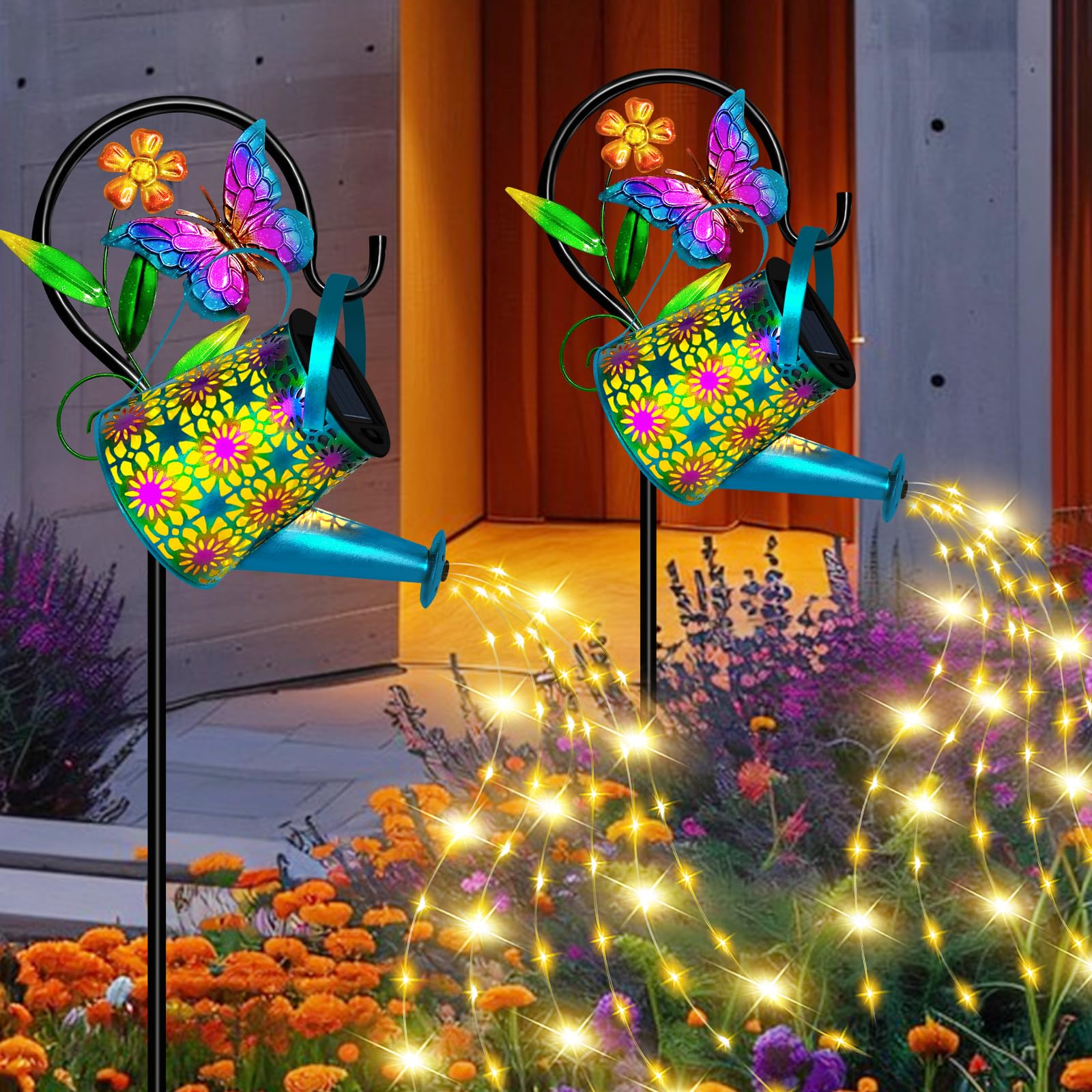 Ostritec Solar Watering Can with Lights, Waterproof Metal Lantern, Blue Butterfly, Model: shuihuden-futi, Unique Garden Gifts for Women