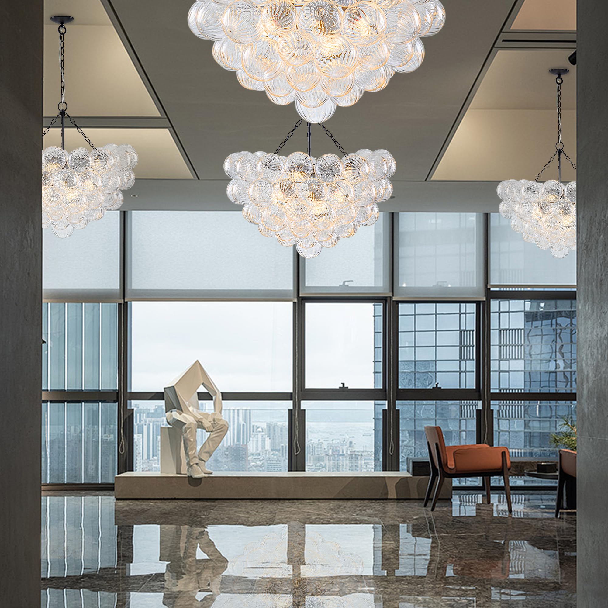 Beypan Bubble Ball Swirled Glass Chandelier Black Finish Clear Blown Glass 32'' Dia Pendant Globe Light Fixture For Bedroom Dini