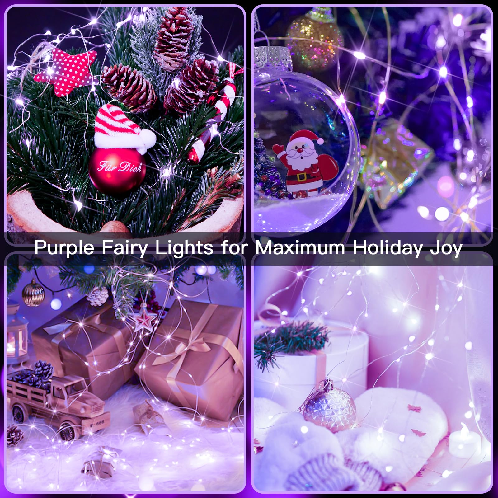 Suddus Christmas Fairy Lights Outdoor Waterproof, 66Ft 200 Led Twinkle Lights Battery Operated, Purple Fairy Lights For Bedroom, Backyard, Porch, Home, Window, Yard, Garland, Party Decorations