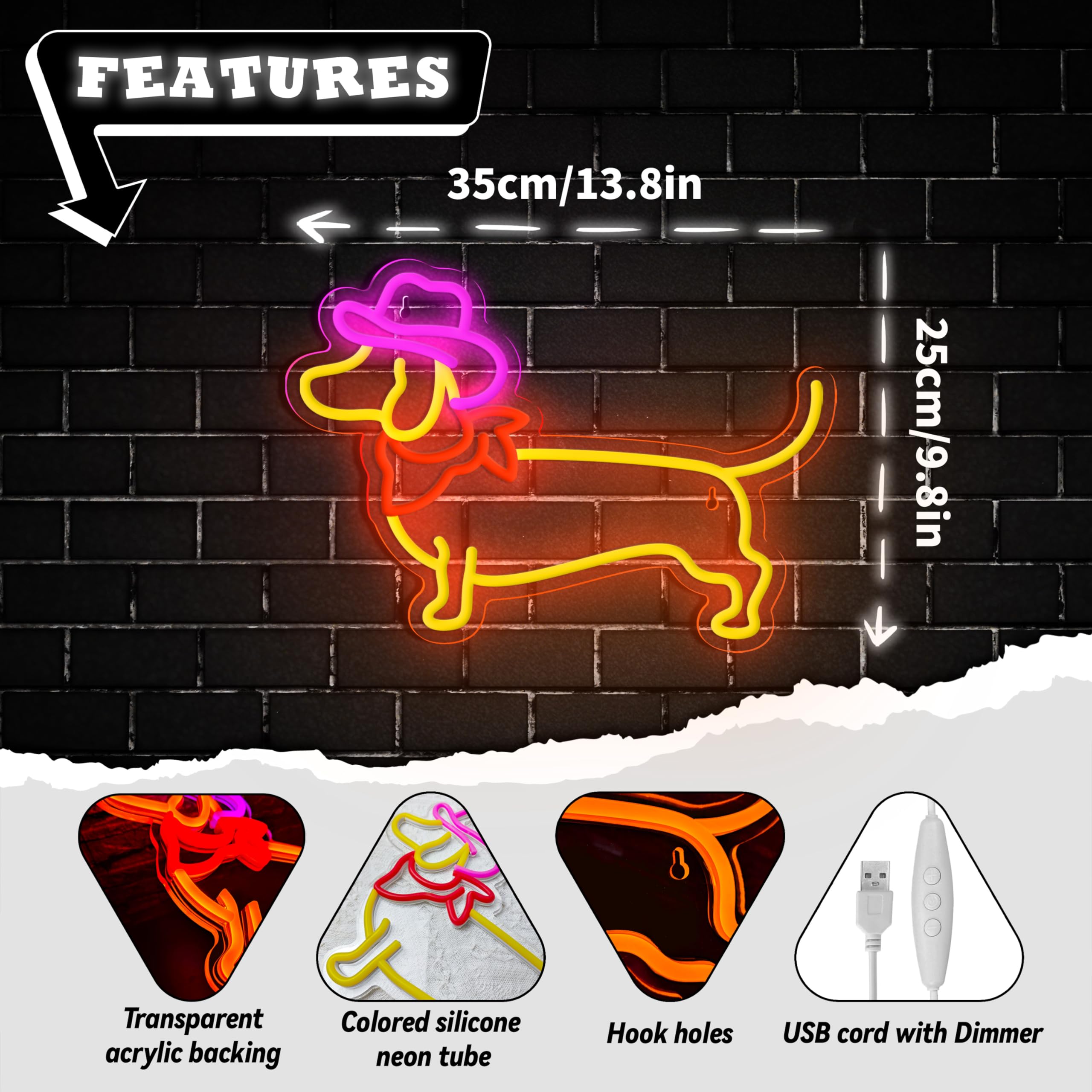 Dachshund Neon Sign Dog Neon Signs for Wall Decor Cute Puppy with Cowboy Hat Led Light Sign for Pet Shop Bedroom Wall Home Party