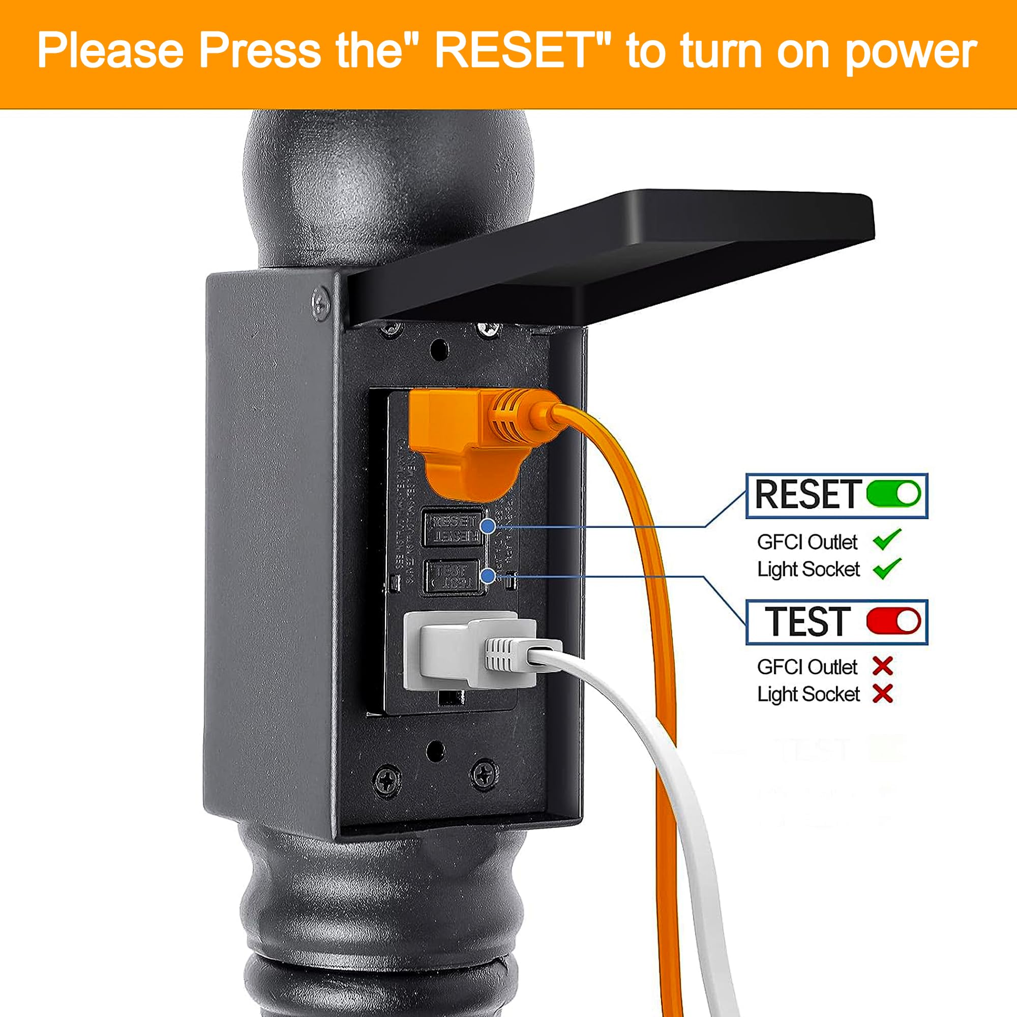 PARTPHONER Dusk to Dawn Outdoor Lamp Post Light, Black with GFCI Outlet, 3-Head Waterproof Street Lights, 3 LED Bulbs Included