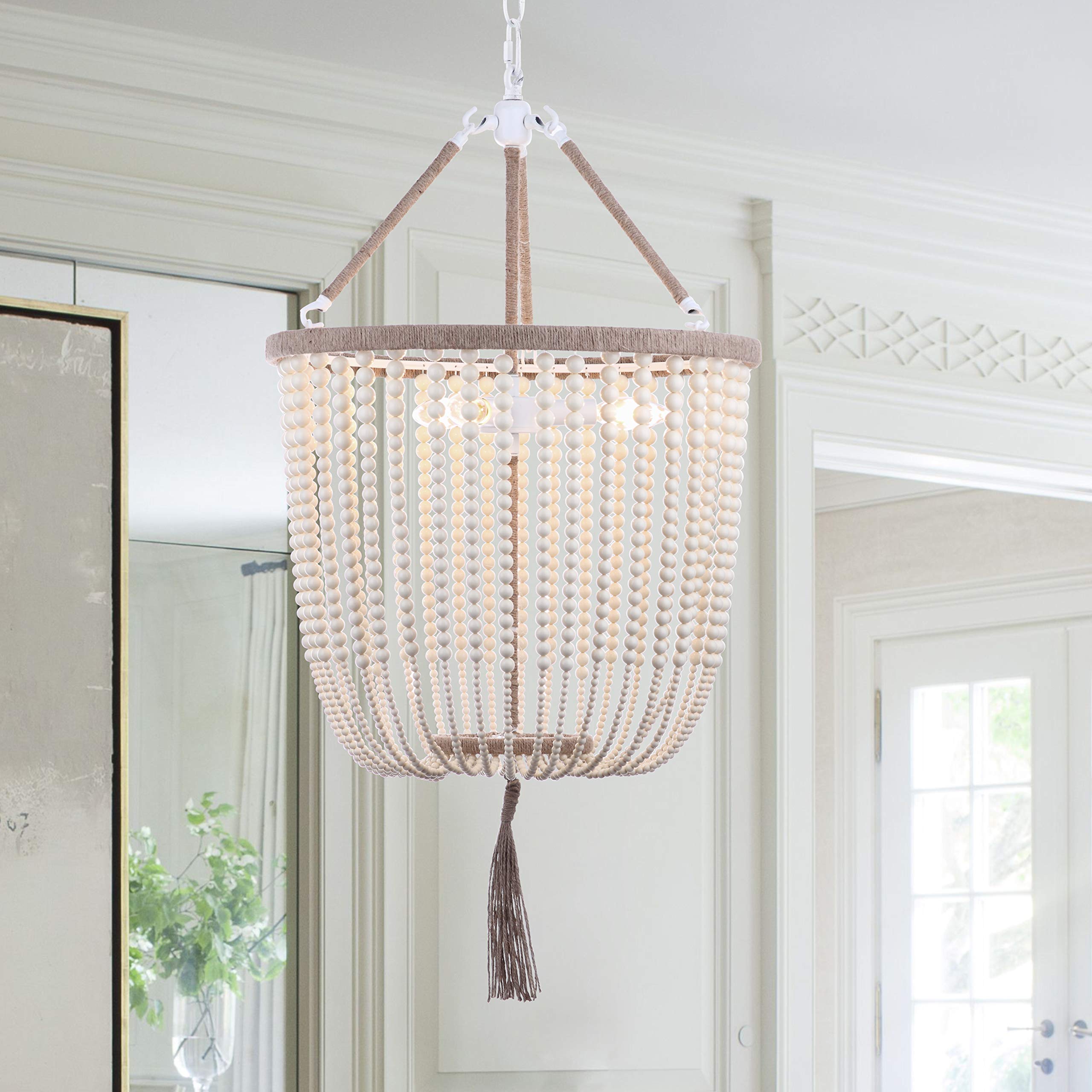 Safavieh 3-Light Beaded Pendant Light Fixture, Cream, 18in Diameter, Adjustable Height, Model LIT4476A