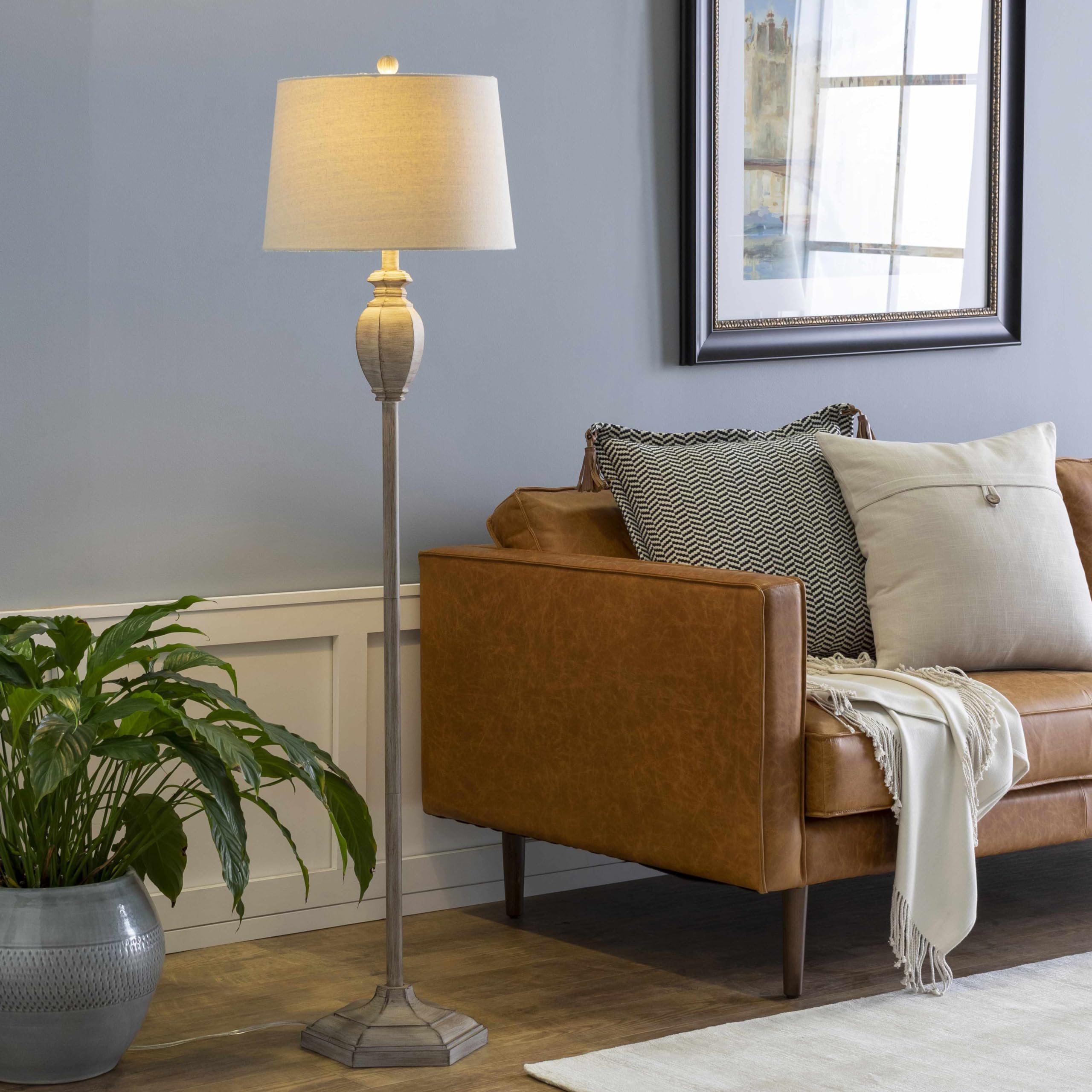 Boutiquerugs Esmeralda Floor Lamp For Living Room - Boho Resin Standing Lighting - Shade Linen - Cream, White, Beige - 59'' H